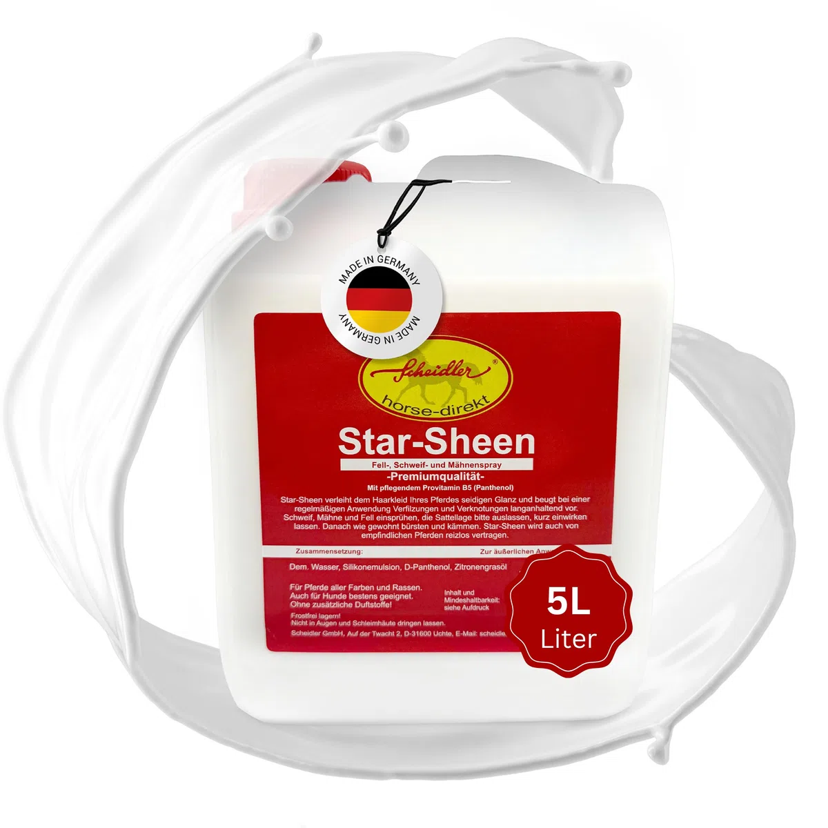 Scheidler horse-direkt Star-Sheen Mähnenspray 5l Kanister für Pferde – Langanhaltendes Schweifspray für brillanten Glanz - Leichtes Kämmen & Fellpflege – Natur Glanzspray Made in Germany