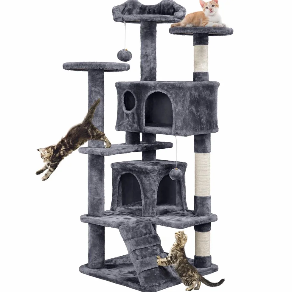 Yaheetech 139 cm Kratzbaum für Kleine und Mittelgroße Katzen, Mehrstufiger Katzenturm mit 2 Höhlen, 3 Plattformen, Sisalsäulen und Stufendesign, Stabil für Mehrkatzenhaushalte, Dunkelgrau