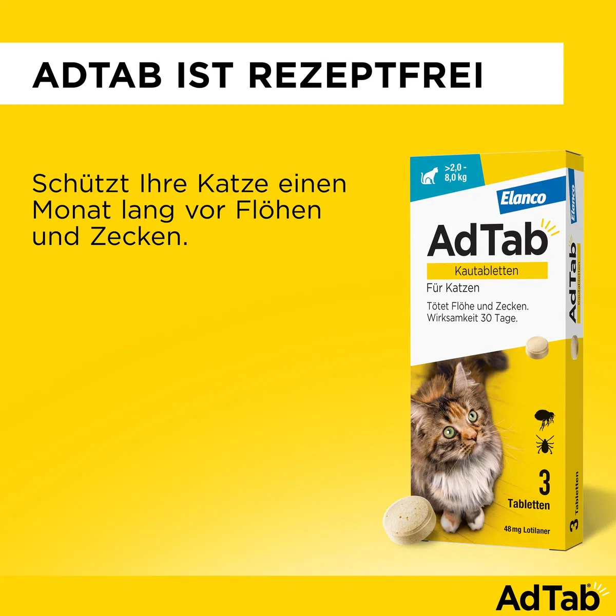 AdTab Katze 2-8 kg - Kautablette gegen Flöhe & Zecken, Doppelpack (6 St.) | Kleine, leckere Kautablette mit Vanille-Hefe-Aroma, 6 Monate Zeckenschutz und Flohschutz für deine Katze, schnelle Wirkung