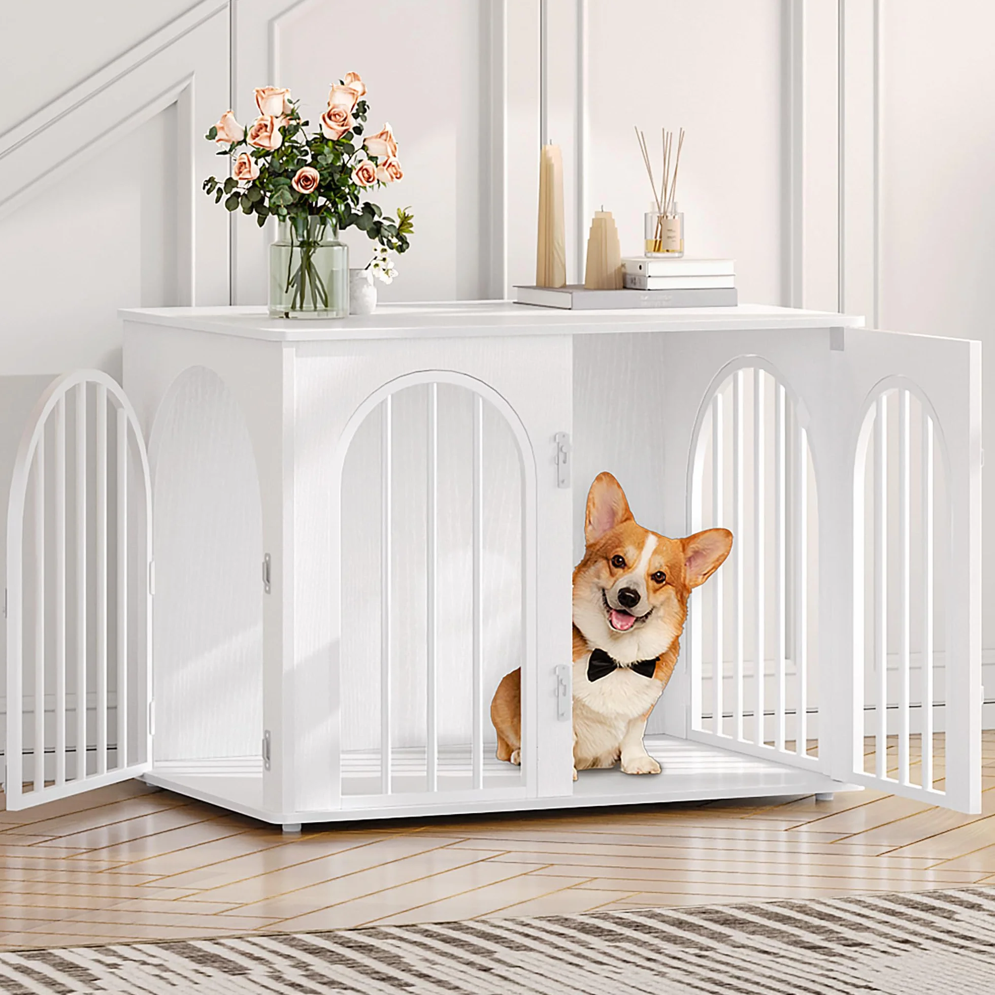 Hzuaneri Hundekäfig Möbel, 80cm Hundebox für Zuhause, 3 Türen, Bogentür, Moderne Hundebox Indoor für Hunde, Beistelltisch, Hundekäfig Hochbelastbar, 80 x 56 x 61 cm, Weiß DFC85113W