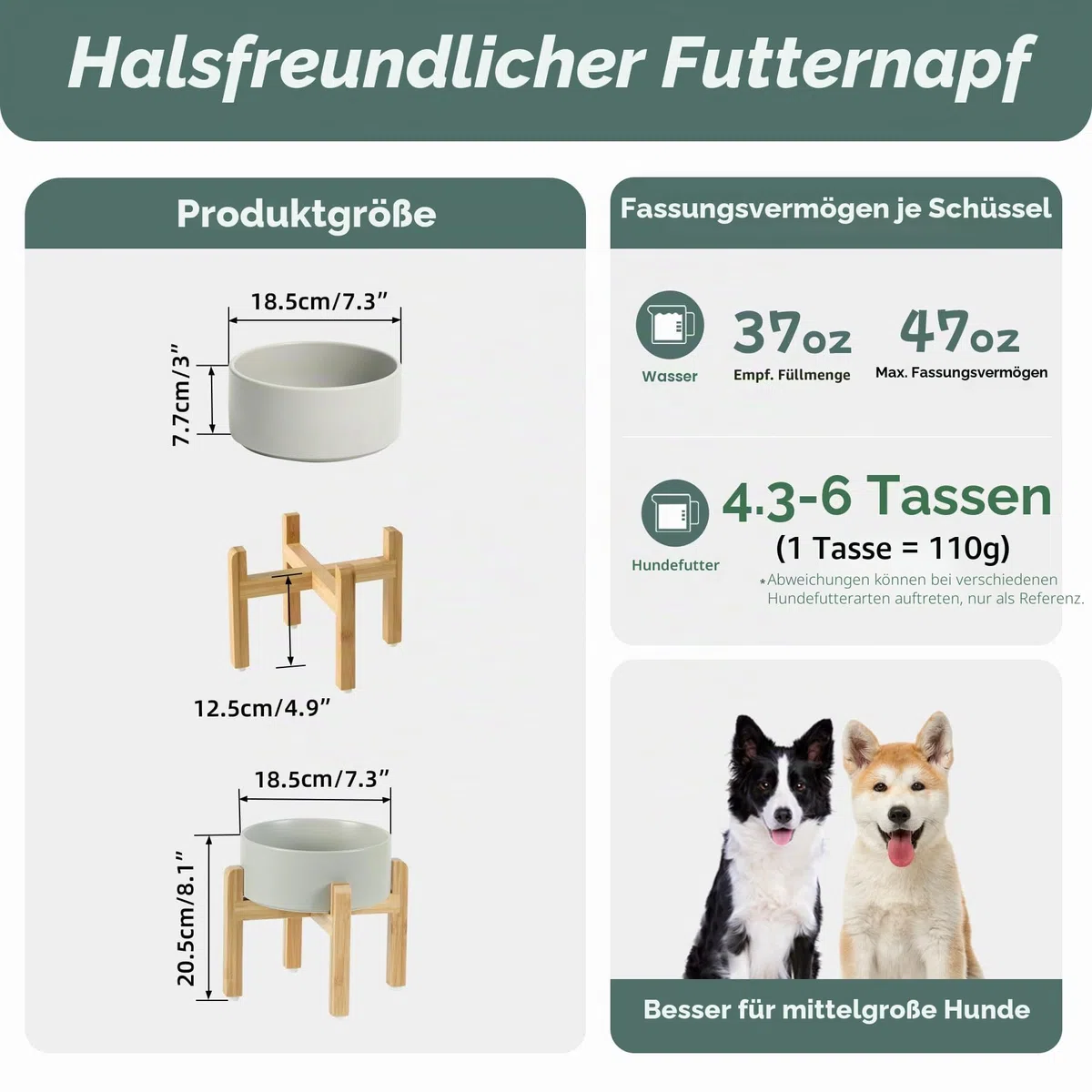 Havniva Ceramic 18,5 cm Hocheinlegesatz für Hunde, Erhöht mit Ständer, Futter- und Wasserbecher für mittelgroße Hunderassen, gewichtete Hundefressschalen, Petbecher (1,3 l, Grau)