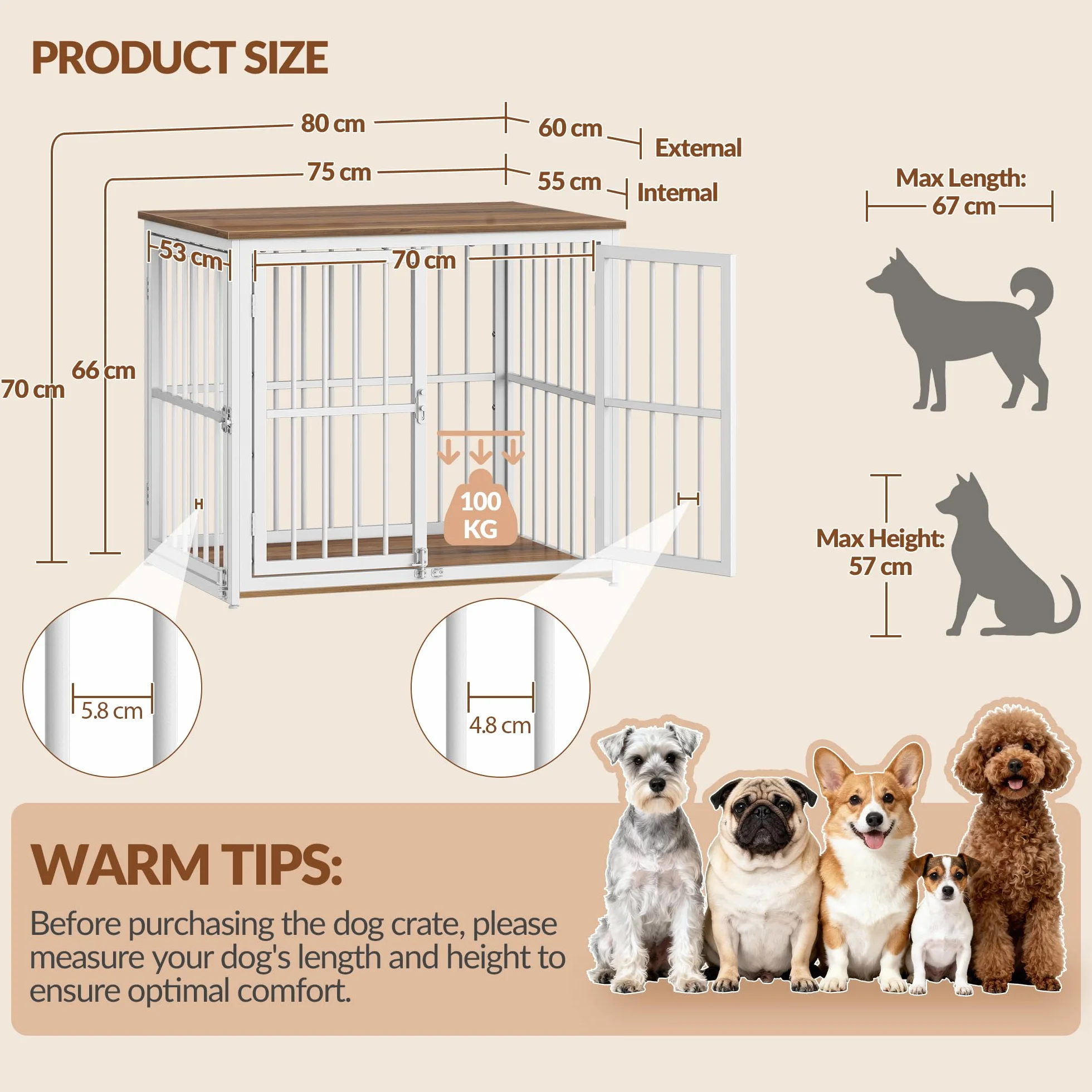 Hundekäfig Möbel, 80cm Hundebox für Zuhause mit 3 Türen, Hundebox Holz Indoor, Beistelltisch, Hundekäfig Hochbelastbar, für Kleine und Mittelgroße Hunde, 80x60x70cm, Vintagebraun & Weiß
