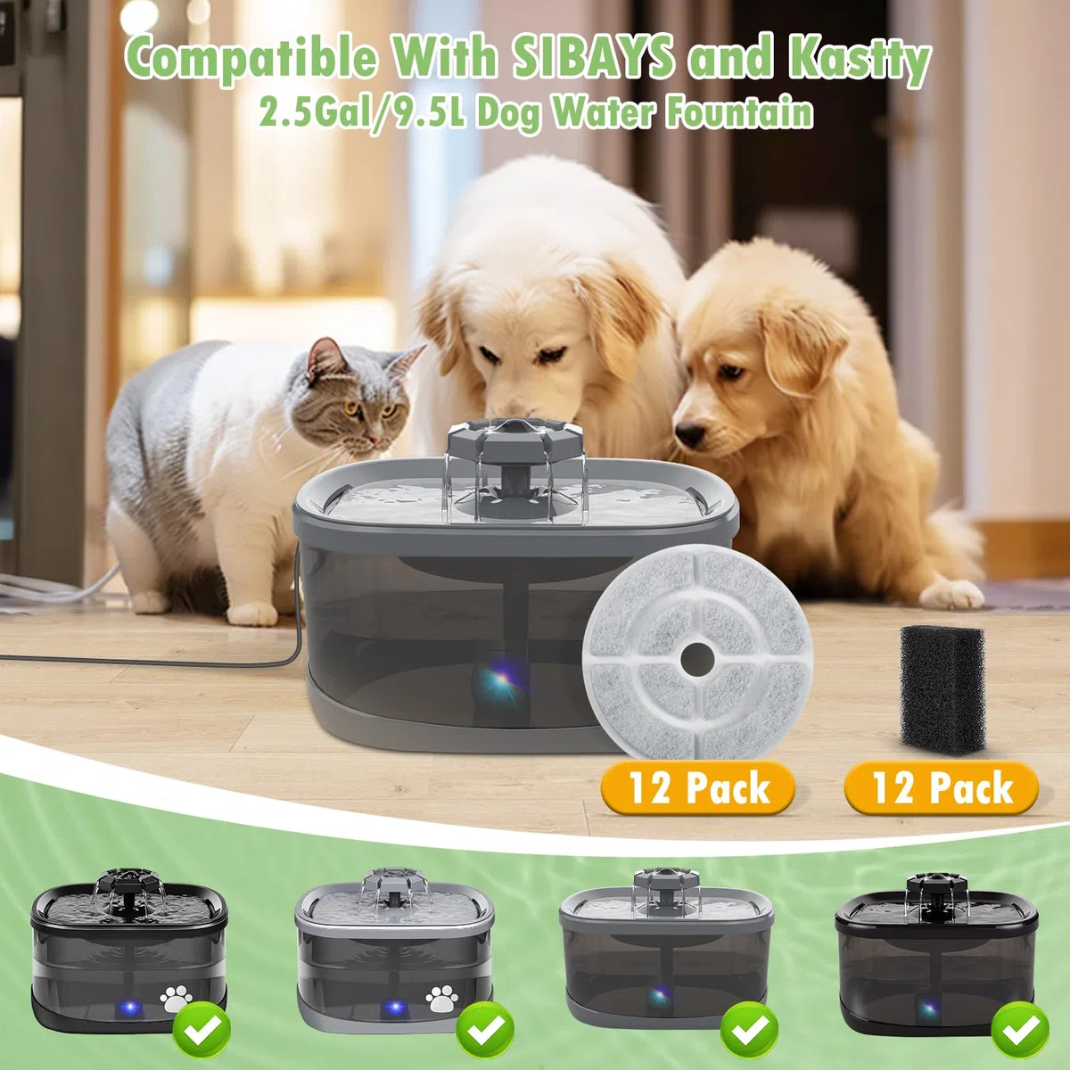 12 Stück 17,8 cm Aktivkohlefilter und Schwämme für SIBAYS 9,5 l Hundewasserbrunnen, 18 cm große Filter für Kastty 9 l große Hundewasserbrunnen, 12 Filter + 12 Stück