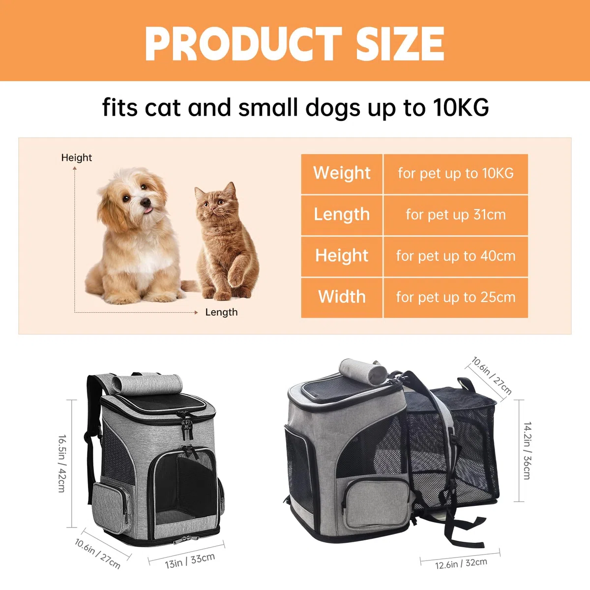 Haustier Rucksack Hunderucksack bis 10kg Katzenrucksack Faltbar und Erweiterbar Katzentransportbox Katzentransporttasche Hundebox mit 2 Matten für Katzen und Kleine Hunde Grau