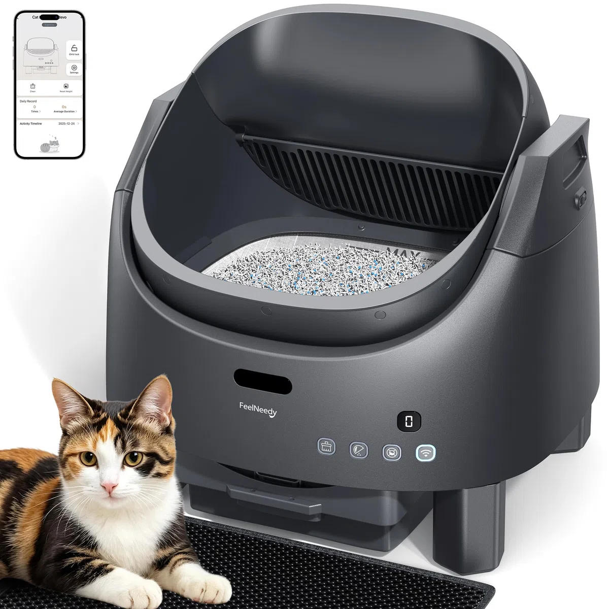 FEELNEEDY Katzenklo Selbstreinigend, Elektrisches Katzenklo mit Geruchsneutralisierungssystem für Katzen 1-15kg, APP-Steuerung & Mehrfache Sensor-Sicherheit, Verstellbare Eintrittshöhe