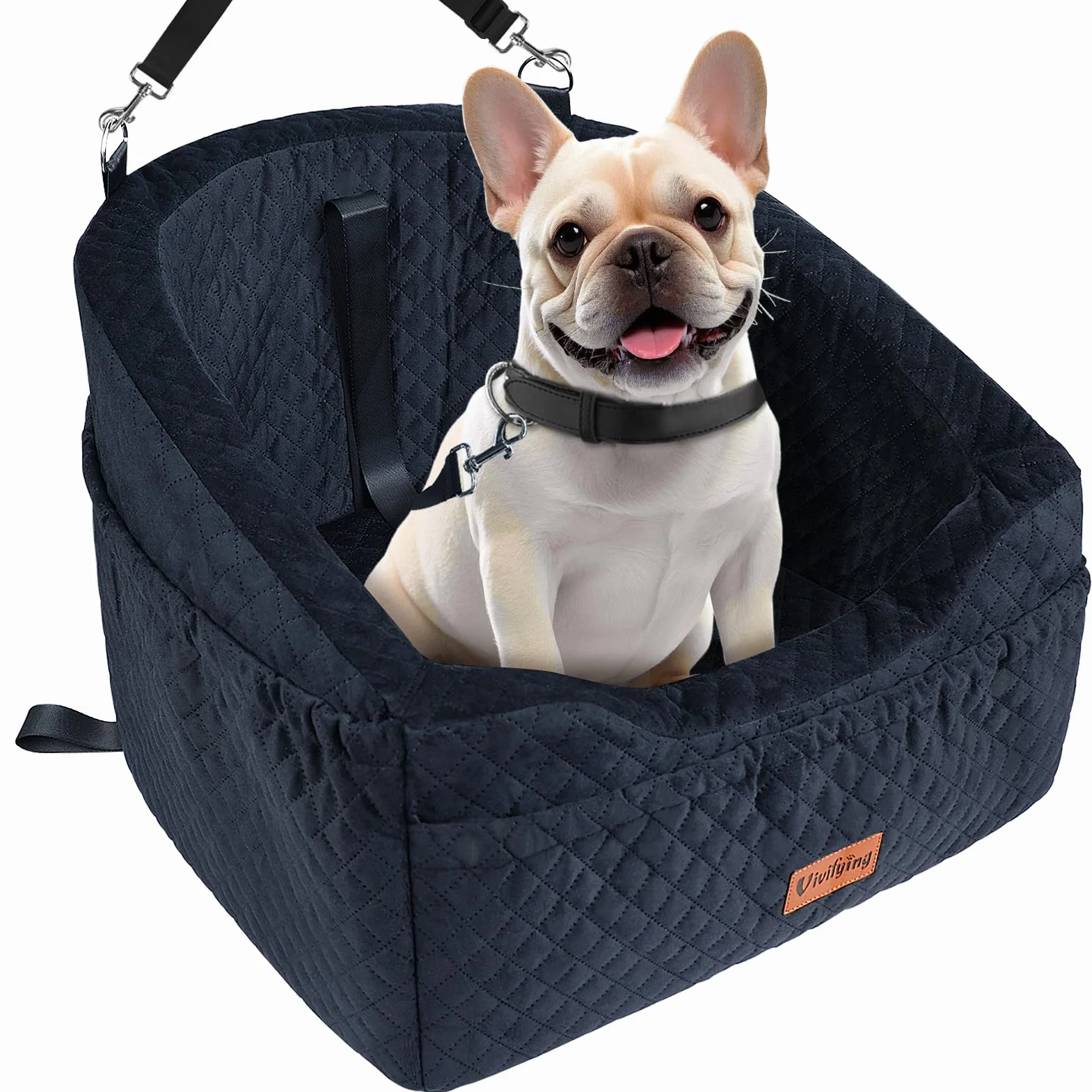 Vivifying Hundeautositz für kleine Hunde, abnehmbare und waschbare Sitzerhöhung für Haustiere bis zu 9 kg, Reisebett mit Staufächern und Sicherheitsgurt (Schwarz)