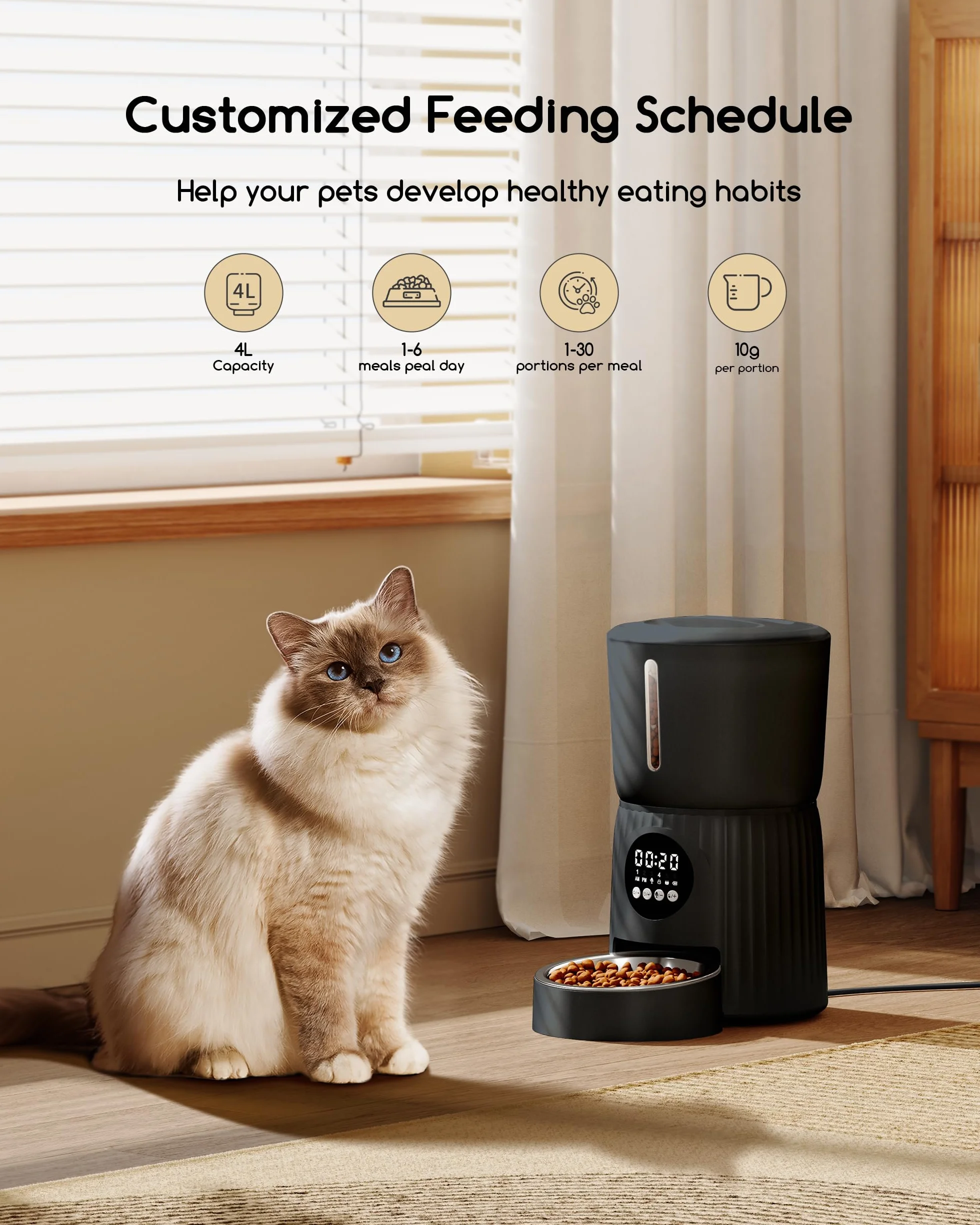 Faroro Futterautomat Katze, 4L Katzenfutter Automat, Futterspender Katze Mit 1–6 Mahlzeiten Pro Tag, Portionskontrolle, 10s Sprache, Langsames Füttern (Schwarz)