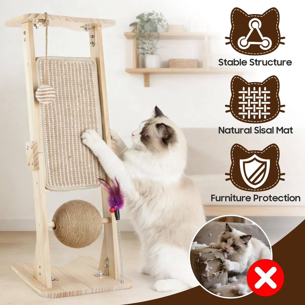 Kratzbrett Katzen, L-förmiger Sisal Kratzsäule, 70 cm Hohe Natürliche Sisal-Kratzsäule mit Ball für alle Katzen Spielen, Entspannen, Kratzbrett Katze aus Massivholz für Schutz von Möbeln und Sofas