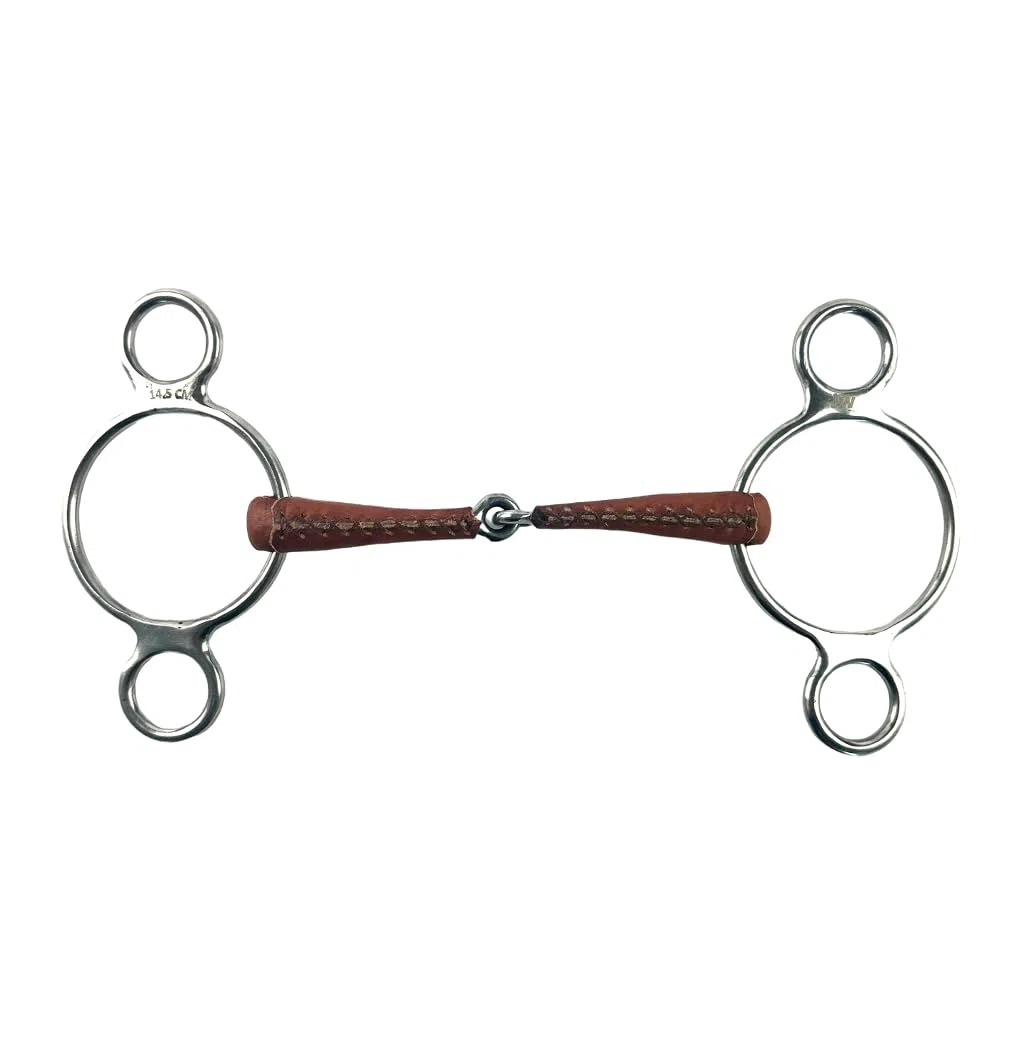 ES0228 JW Gebiss Leder Ledergebiss 3-Ringtrense 3-Ring Einfach Gebrochen anatomisch geformtes maulfreundliches aus Edelstahl Gebissstärke 14 mm (14.5 cm)