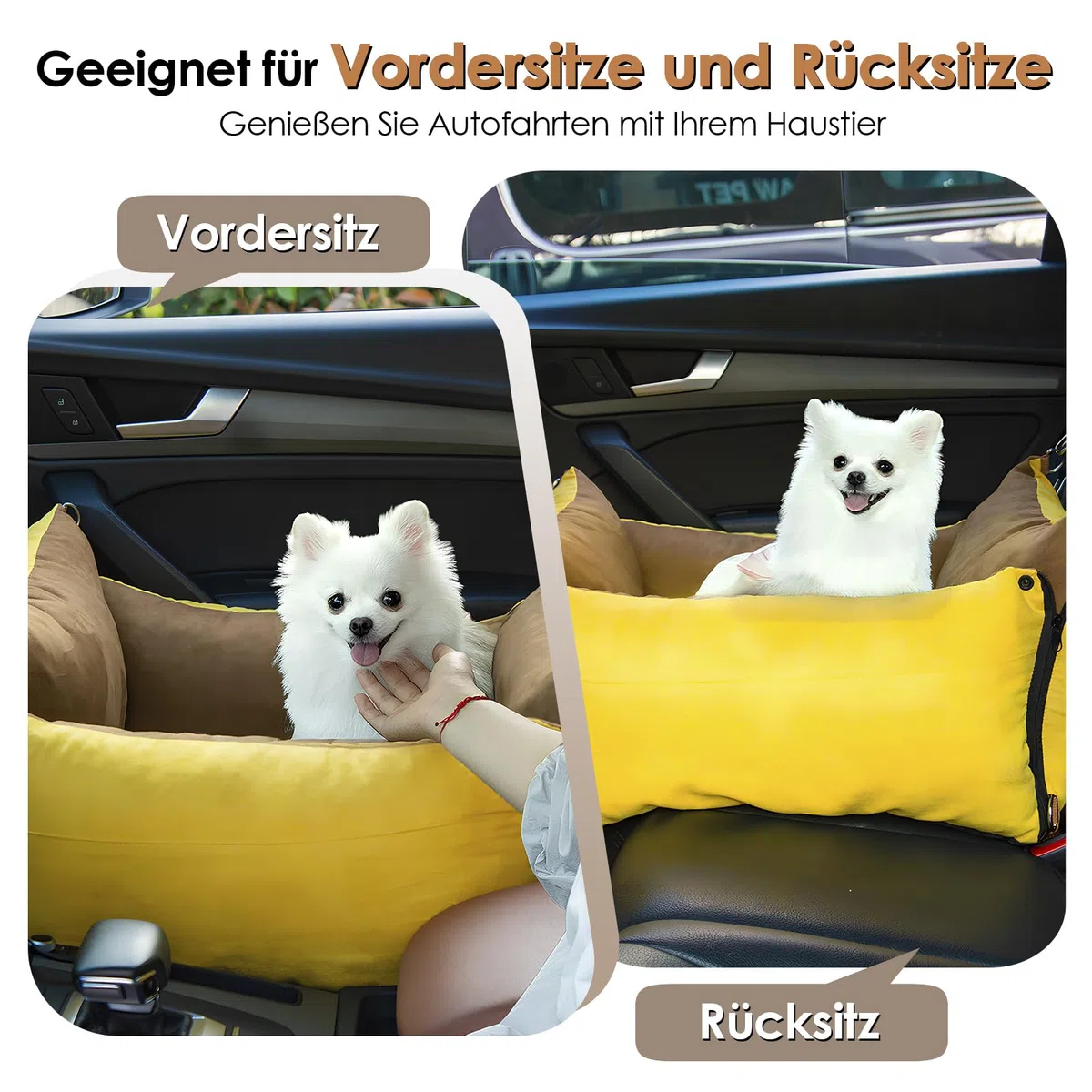 Hundesitz Auto für Kleine Hunde Unter 15KG, Tragbares Hundekorb mit Ausziehbarer Ruhebereich, Abnehmbarer und Waschbarer Auto Reise Hundebett mit Staufächern und Sicherheitsgurt