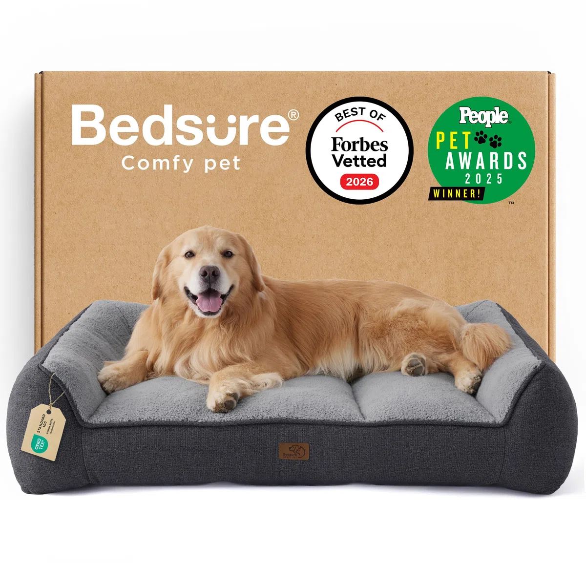 BEDSURE ergonomisches Hundebett Grosse Hunde - 122x89x25cm extra Dickes & druckentlastendes Hundesofa mit wasserdichter & wasschbarer Hülle, rutschfestes Bett mit weichem Sherpa-Plüsch, dunkelgrau