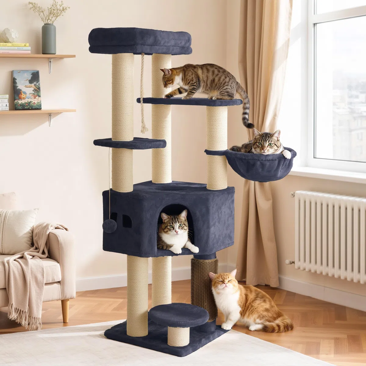 YITAHOME Kratzbaum, Katzenkratzbaum, für Große Katze, Katzenbaum, Katzenbürsten, 11 cm Dicke Stämme, Große Plattformen, Plüschkissen, Höhle, 50 x 50 x 157 cm, Dunkelgrau