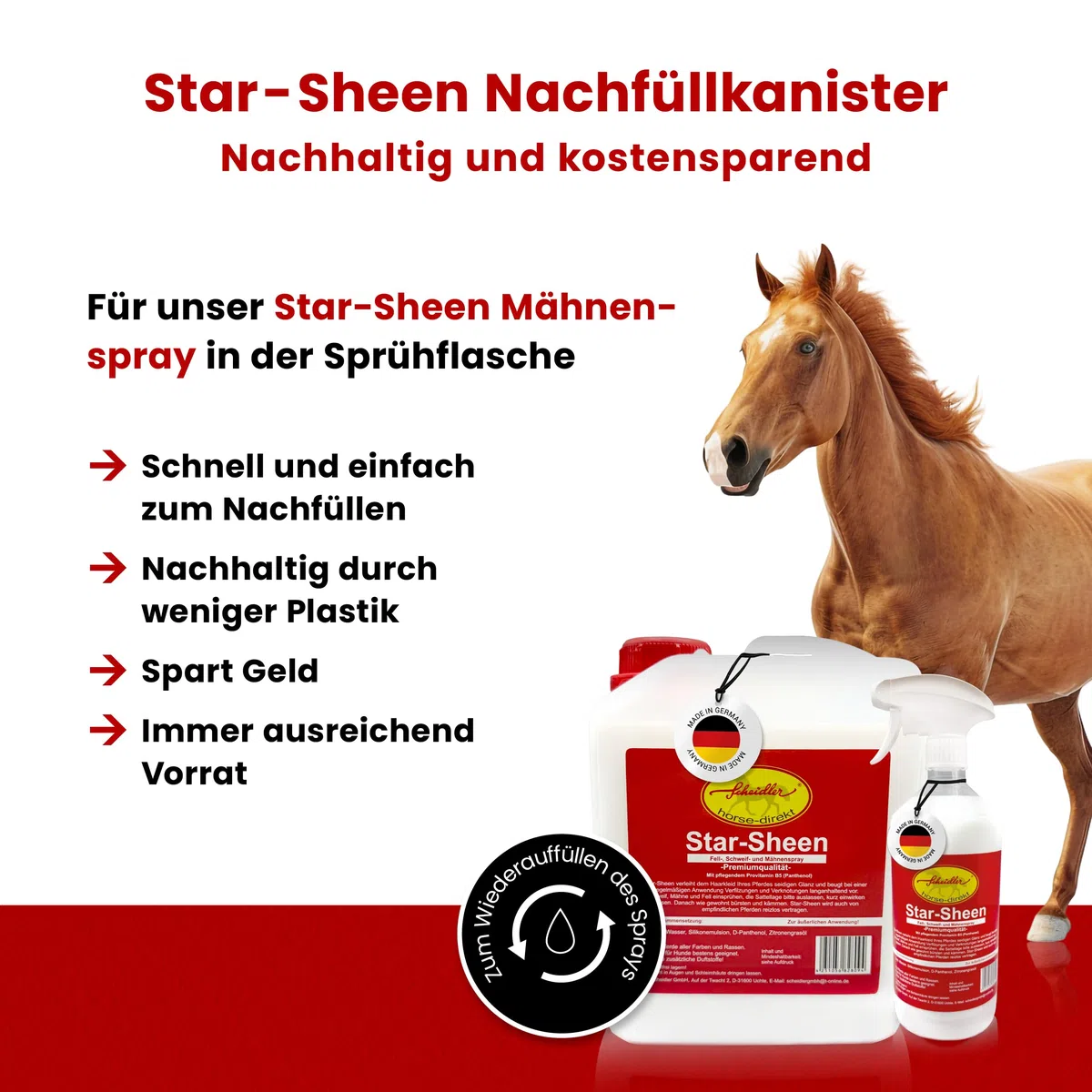 Scheidler horse-direkt Star-Sheen Mähnenspray 5l Kanister für Pferde – Langanhaltendes Schweifspray für brillanten Glanz - Leichtes Kämmen & Fellpflege – Natur Glanzspray Made in Germany