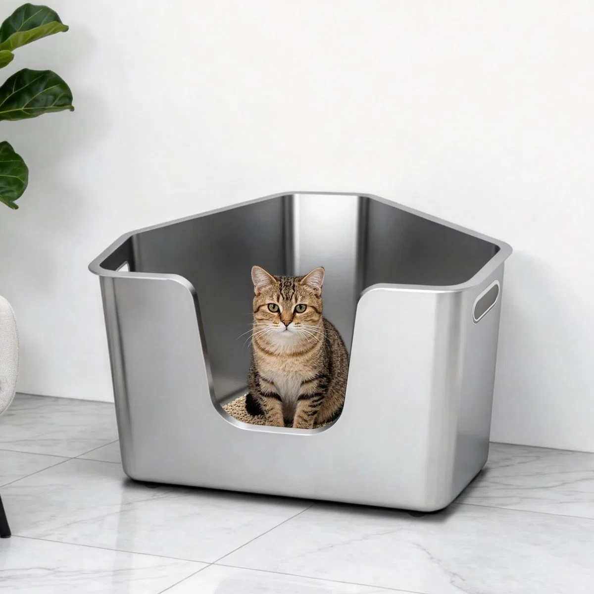 PTLOM Lebensmittelechtes Katzenklo Edelstahl Katzentoilette, Einteiliges Eck-Modell 30cm Hohe Seitenwände, Antihaftbeschichtet, Ohne Montage, Einfache Reinigung, Für Mehrkatzenhaushalte