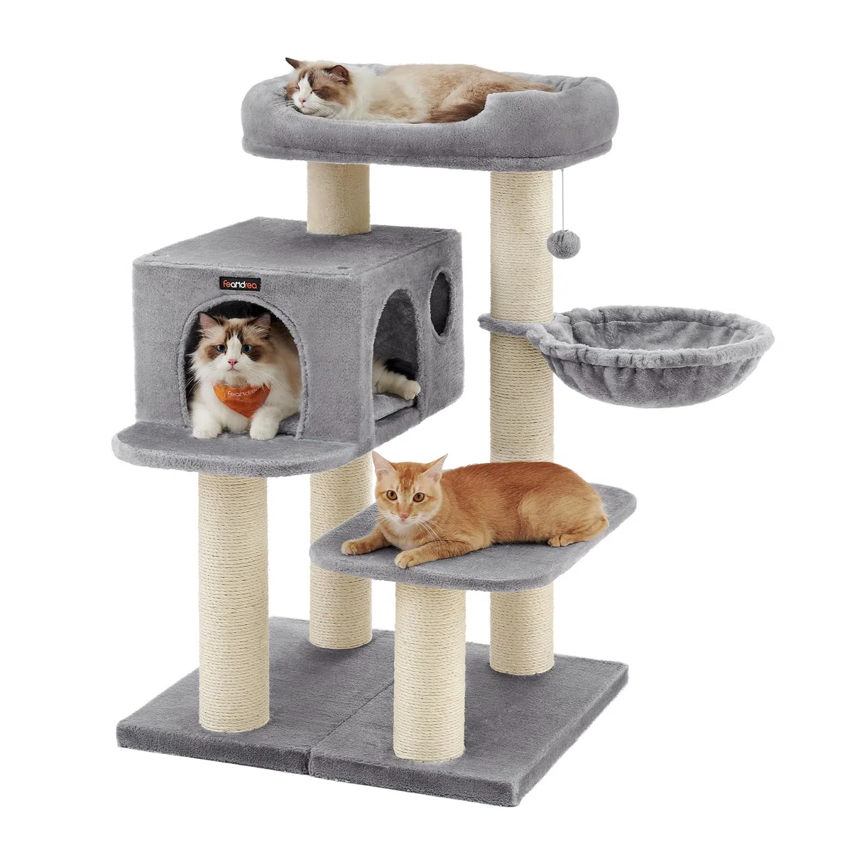 Feandrea Kratzbaum für große Katzen, XXL, hochbelastbar, Katzenturm mit 6 extra dicken Kratzsäulen, große Plattform, Höhle, Korb, flexibel aufbauen, abnehmbare, waschbare Kissen, hellgrau PCT01W
