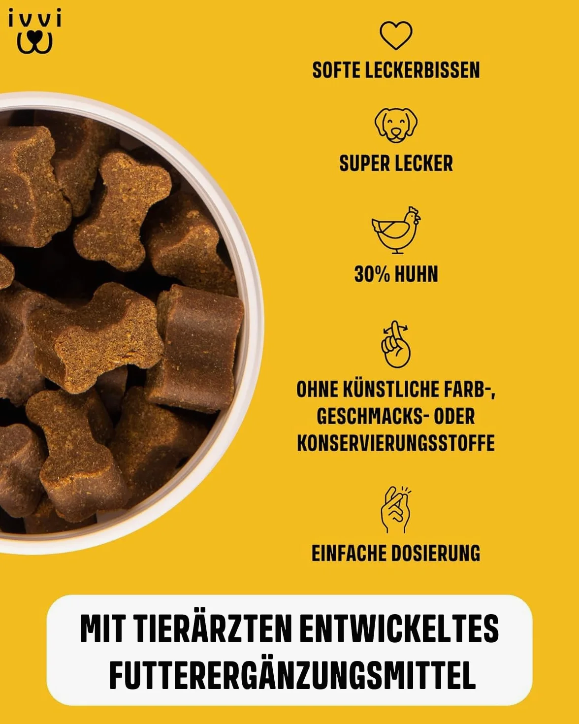 ivvi Hip & Joint - hochkonzentrierte Gelenktabletten für Hunde als Leckerli mit Grünlippmuschel Hund, Glucosamin, Chondroitin & MSM - 60 leckere Snacks (270g) mit Huhn