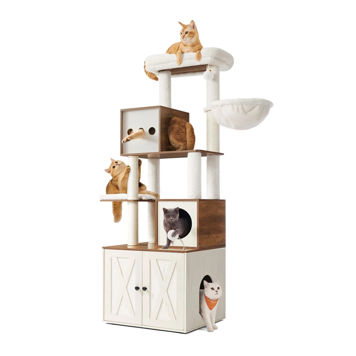 Feandrea Kratzbaum, Katzenbaum mit Katzenklo-Schrank, 178 cm hoch, Katzenkratzbaum, Kratzsäule, Plattform, waschbares Kissen, honigbraun-vintageweiß PCT116K03