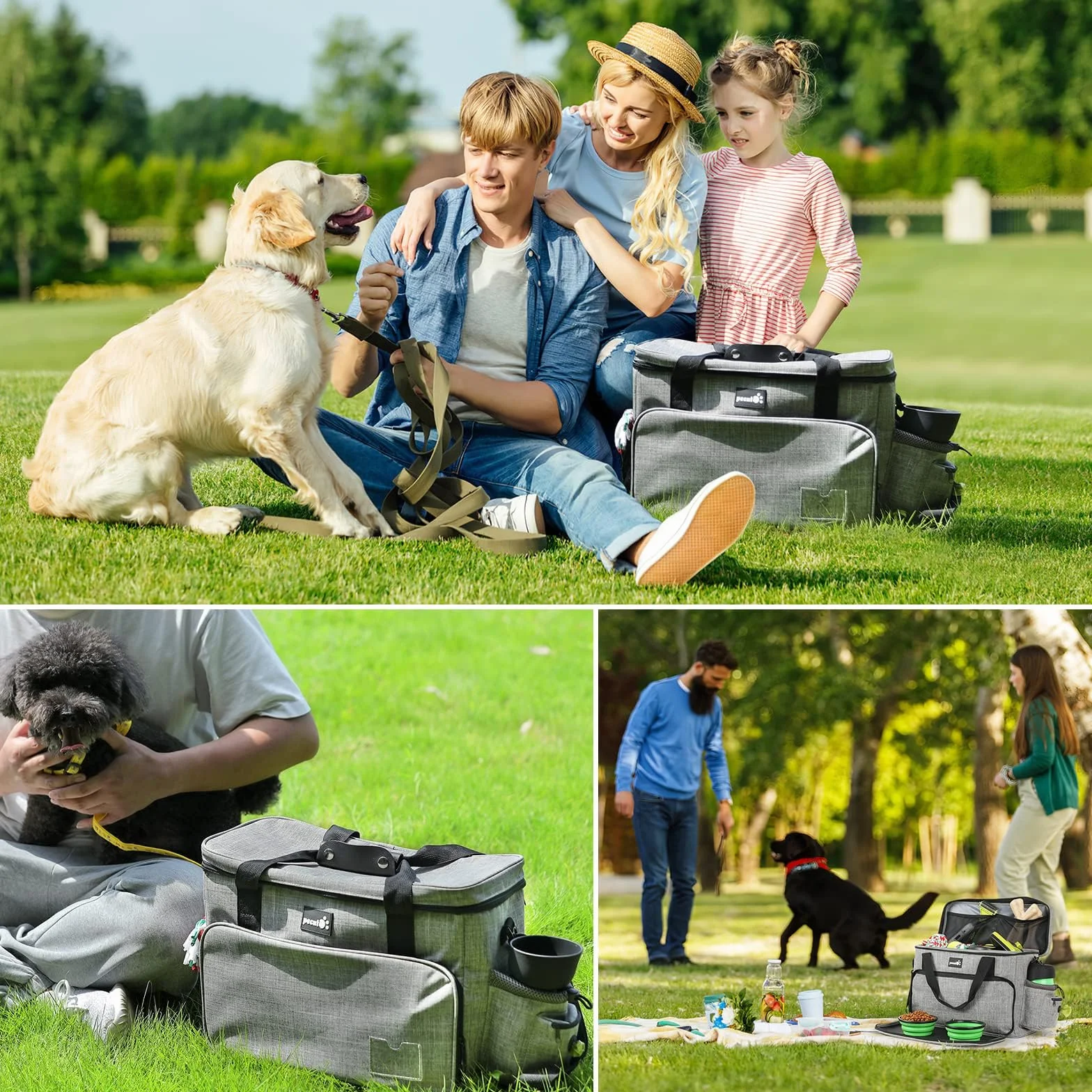 Pecute Hunde Reisetasche Große Hundetasche, Haustier, mit 2 Aufbewahrungstaschen und 2 Hundenäpfe, Hundetragetasche Dog Travel Bag für Reisen, Camping oder Tagesausflüge, Grau 42 * 18 * 30 cm