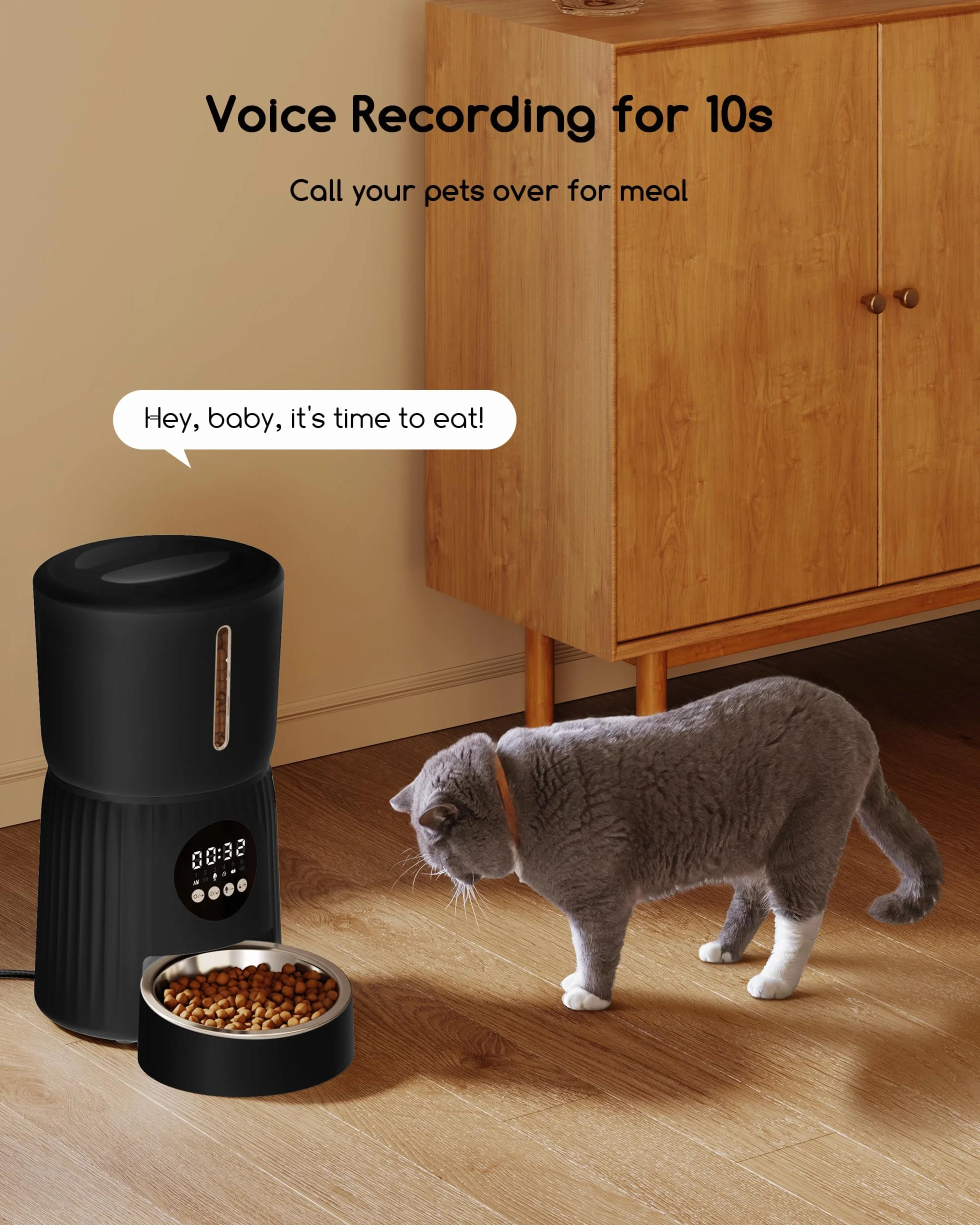 Faroro Futterautomat Katze, 4L Katzenfutter Automat, Futterspender Katze Mit 1–6 Mahlzeiten Pro Tag, Portionskontrolle, 10s Sprache, Langsames Füttern (Schwarz)