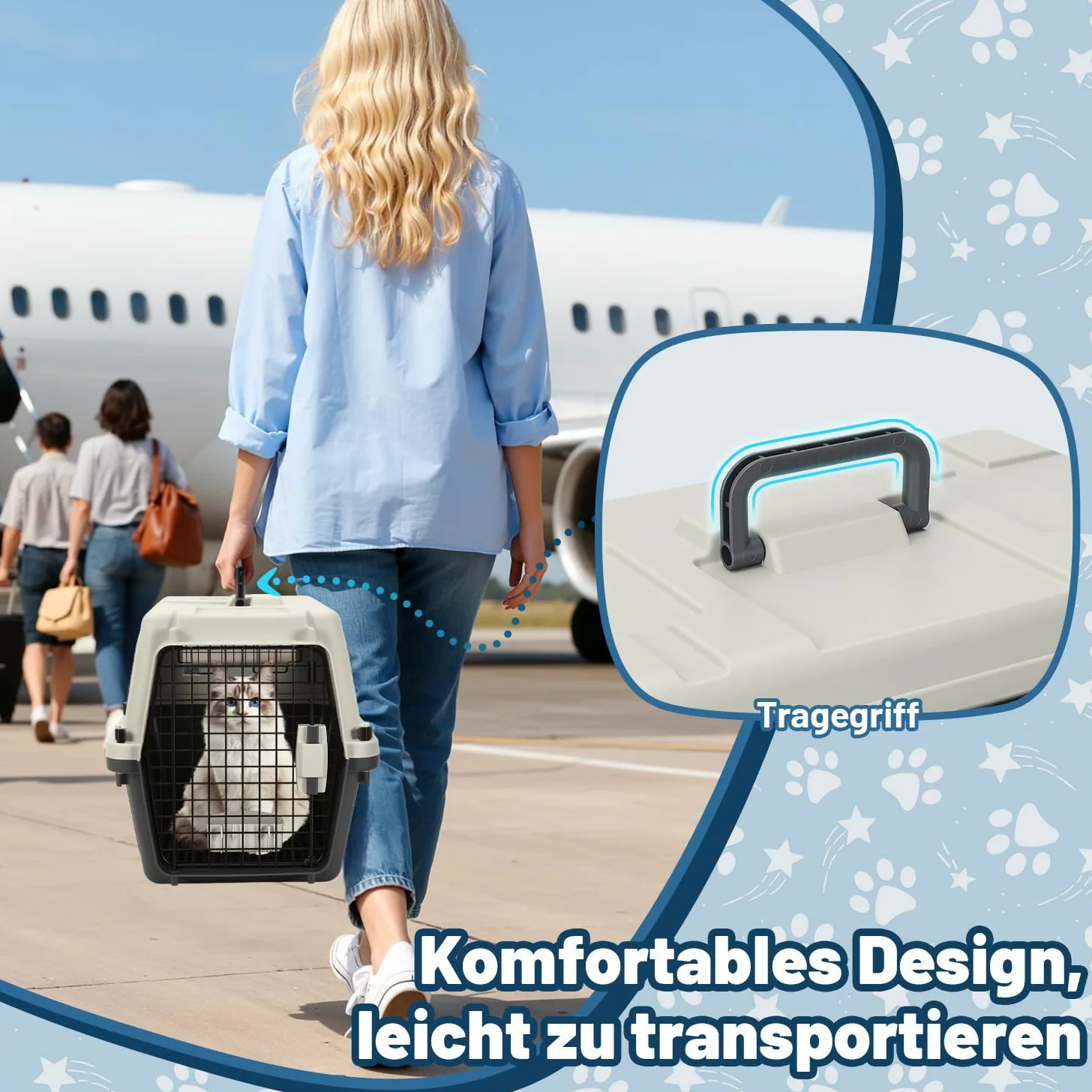 Pet Transportbox für Katzen, kleine Hunde & Nagetiere bis 10 kg, 60,4x42x39,8 cm, Leichte Hundetransportbox mit Metallgitter, Inkl. Grundausstattung
