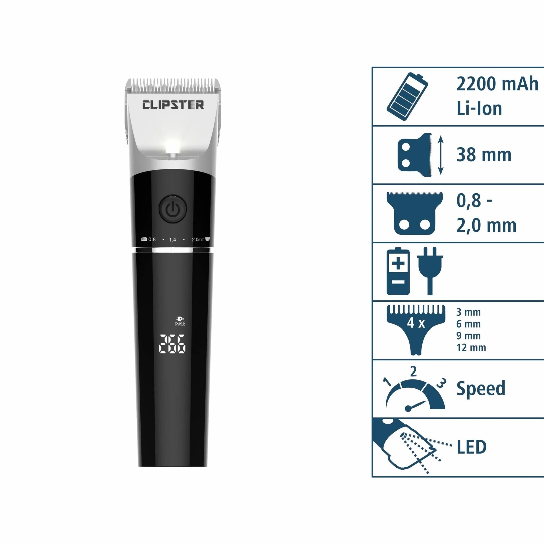 Clipster Akkuschermaschine DeloX, Tierschermaschine, inkl. 4x Aufsteckkamm, schwarz, Detailschur, Li-Ion Akku, Scherbreite 38mm, Laufzeit 300min, mit LED-Licht