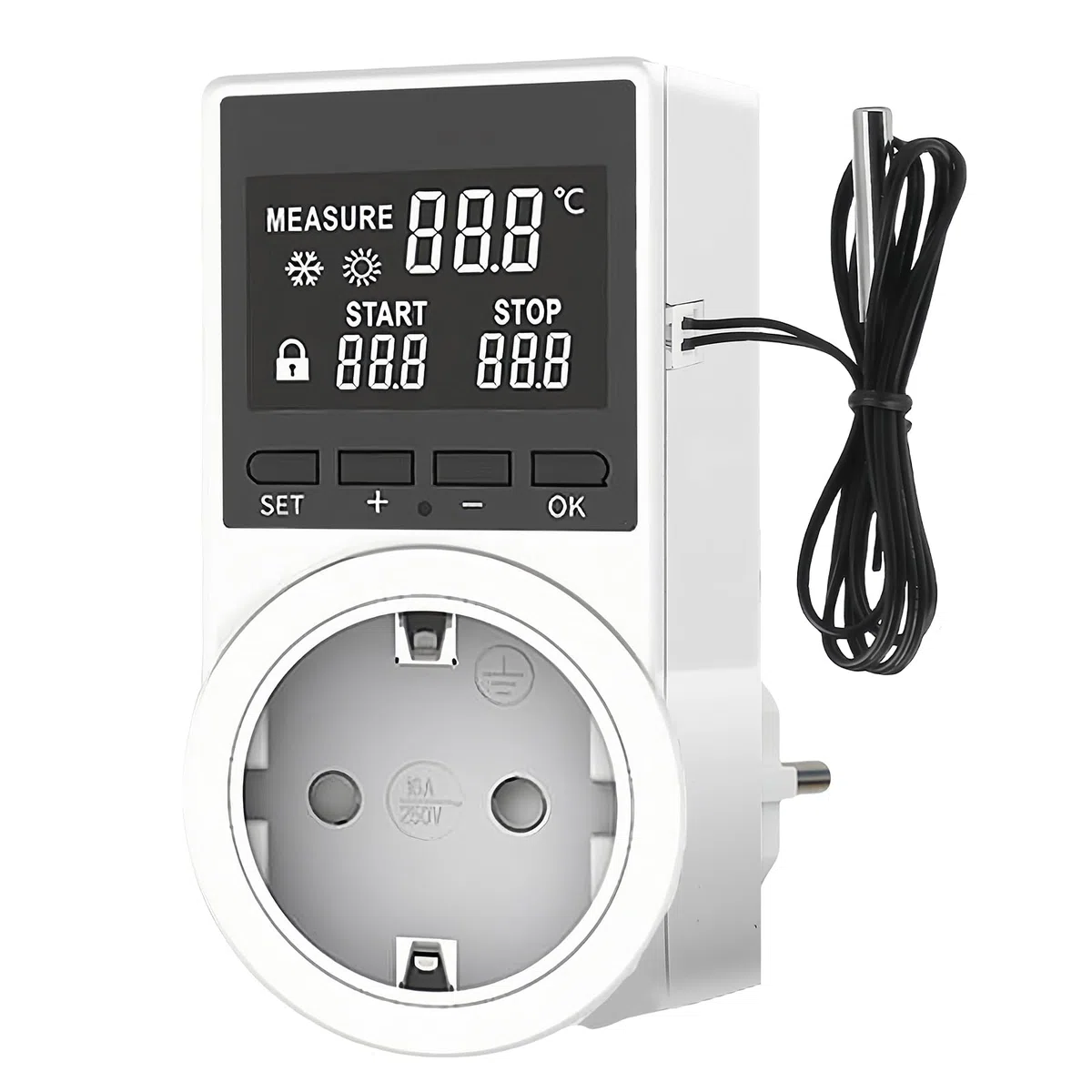 Temperaturregler 230v mit Fühler: Digitaler Steckdosen Thermostat mit LCD Bildschirm, Play und Plug Temperatur Feuchtigkeit Regler mit 2pc Thermometerkopf für Gewächshaus, Aquarium, Terrarium