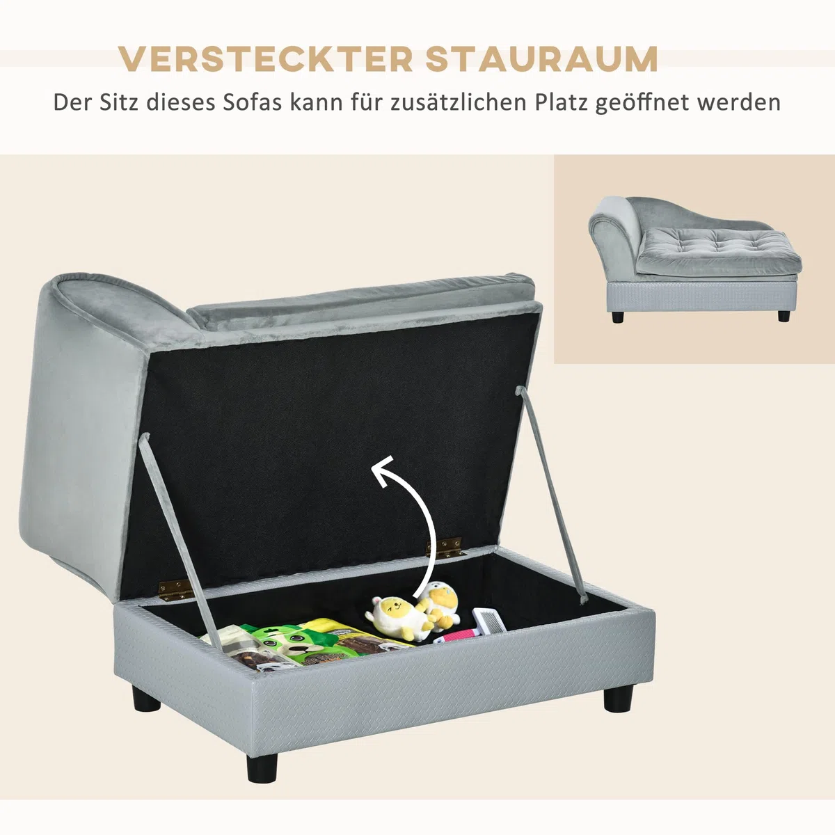 PawHut Hundesofa Hundebett Hundecouch aus Plüsch mit Lagerraum, Rückenlehne, Kissen Katzensofa für kleine Hunde 76 x 45 x 43 cm Hellgrau