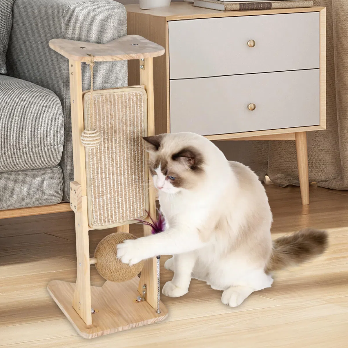 Kratzbrett Katzen, L-förmiger Sisal Kratzsäule, 70 cm Hohe Natürliche Sisal-Kratzsäule mit Ball für alle Katzen Spielen, Entspannen, Kratzbrett Katze aus Massivholz für Schutz von Möbeln und Sofas