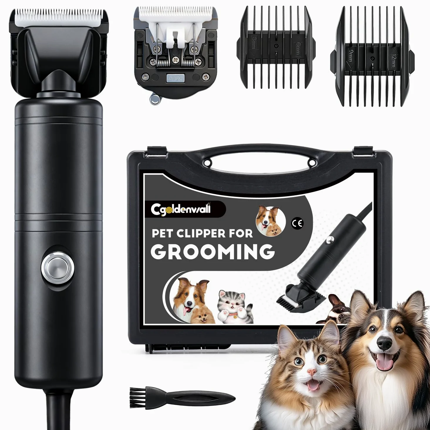 CGOLDENWALL 300W Hundeschermaschine Profi, 2000-6600U/min Stufenlose Geschw., <50dB Lärm, 3m Kabel, 2 Entfernbare Keramikklingen, 2 Kämme (3/6mm,9/12mm) für Hunde, Katzen & alle Felltypen (Schwarz)