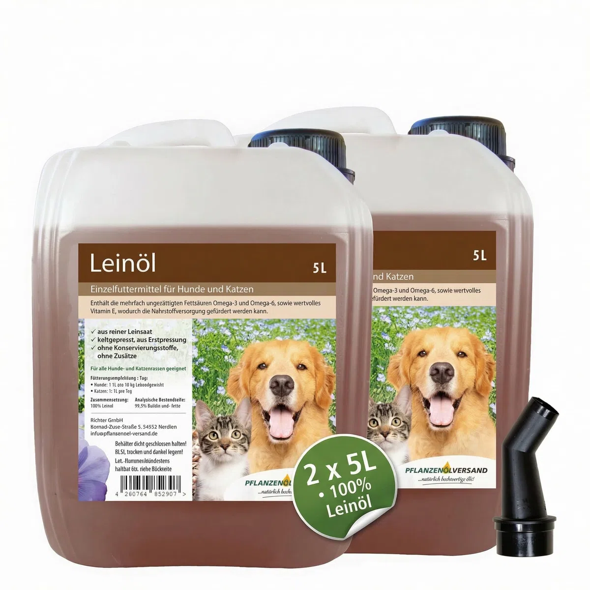 Leinöl für Hund & Katze, kaltgepresst aus Erstpressung, 100% rein ohne Zusätze, Einzelfuttermittel, Futteröl für Barf & Trocken-/Nassfutter, 2 x 5 l Vorrat inkl. Ausgießer