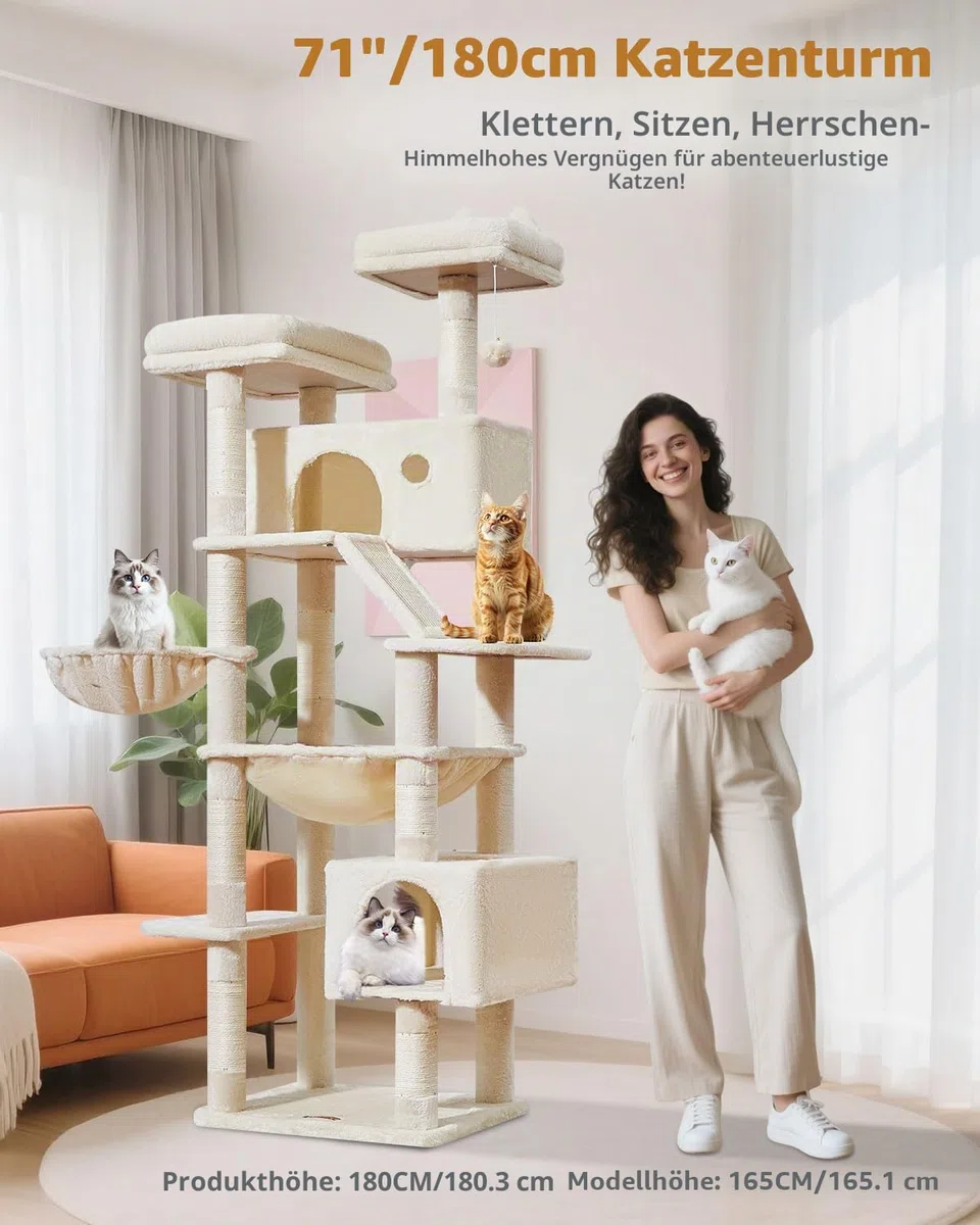 Taoqimiao 180CM Kratzbaum Groß, Katzenbaum Katzen Kratzbaum Grosse Katzen Stabil mit 2 Katzenhaus, Metallhängematte, Korb, 8 Kratzsäulen, Katzenkratztafel, MS026LM Beige