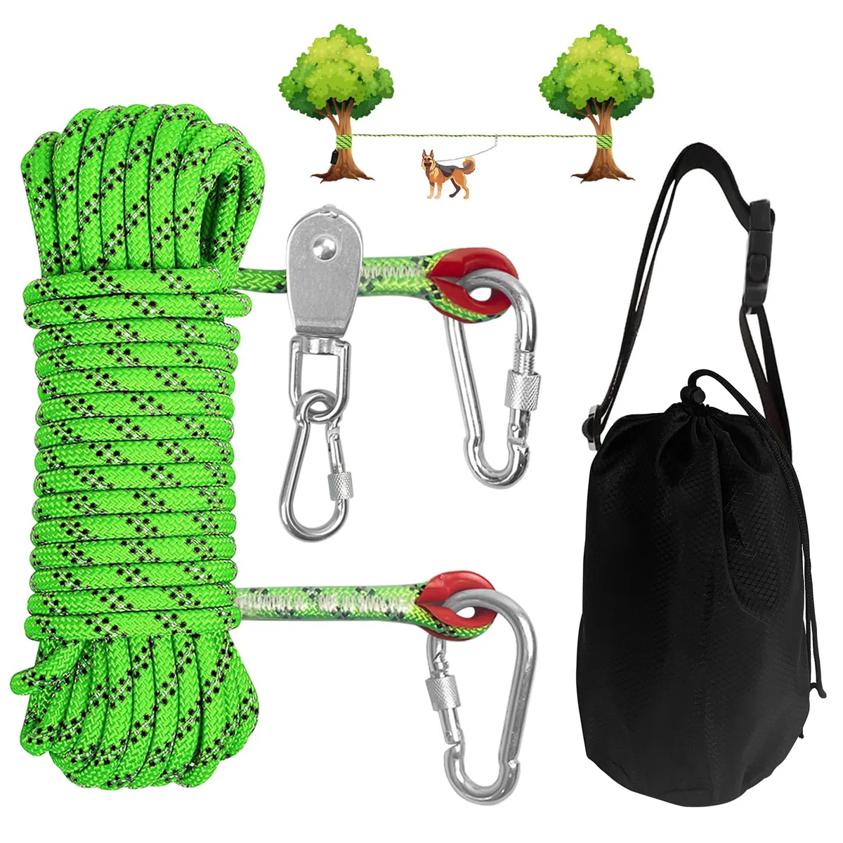 Dog Camping Essentials 15,2 m tragbares Überkopf-Trolley-System, Haustier-Camping-Leine für Hunde bis zu 90 kg, Hundeläufer für Hof, Grün