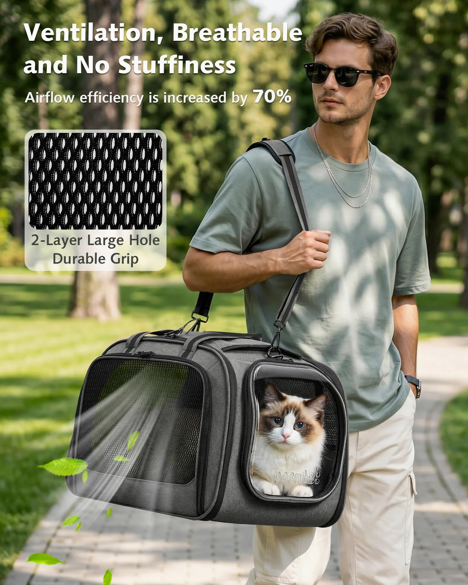 Pecute Katzentransporttasche mit Sichtfenster, atmungsaktiv, stabil, Grau L 46x36x34cm