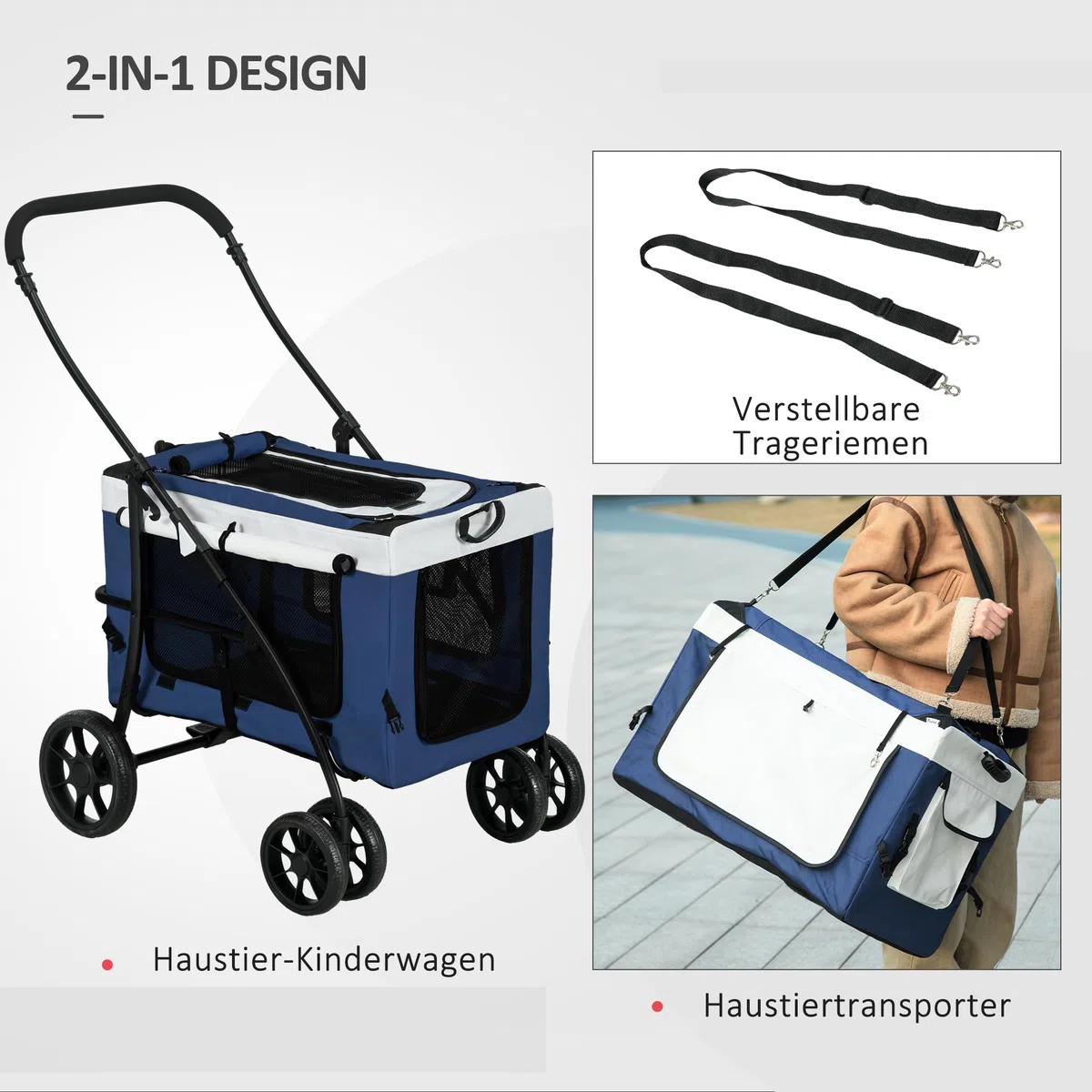PawHut 2 in 1 Hundewagen Hundebuggy klappbar für Hunde & Katzen bis 10 kg Katzenbuggy mit Kissen Netzfenstern Türen Aufbewahrungskorb Katzenwagen Buggy Blau
