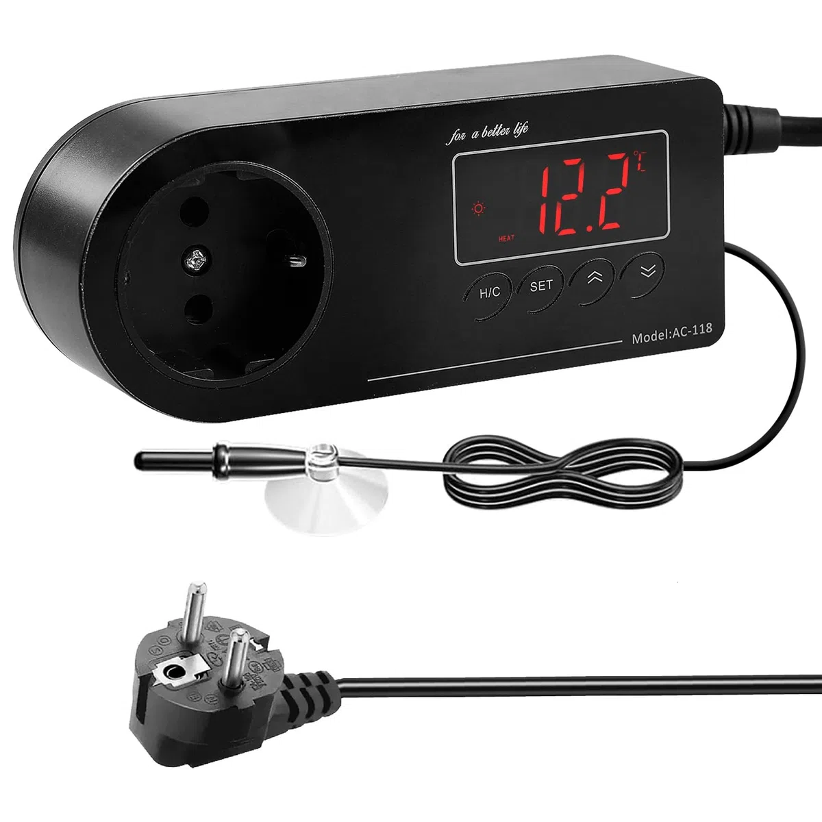 Thermostat Steckdose mit NTC Sensor, Digitaler Temperaturregler, EU-Stecker, Thermostatgesteuerte Steckdose, Heizen Kühlen Temperaturschalter 16-40℃, für Reptilien, Gewächshaus, Aquarium, Terrarium