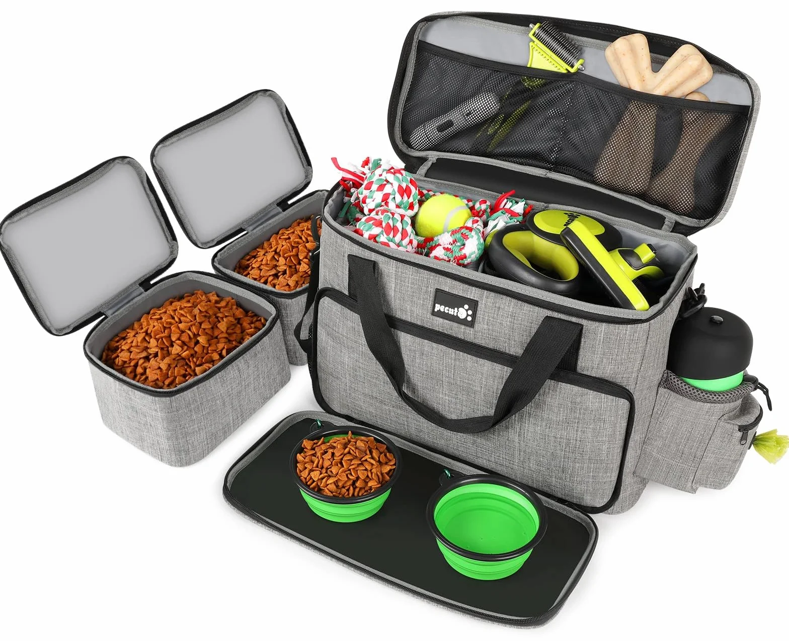 Pecute Hunde Reisetasche Große Hundetasche, Haustier, mit 2 Aufbewahrungstaschen und 2 Hundenäpfe, Hundetragetasche Dog Travel Bag für Reisen, Camping oder Tagesausflüge, Grau 42 * 18 * 30 cm