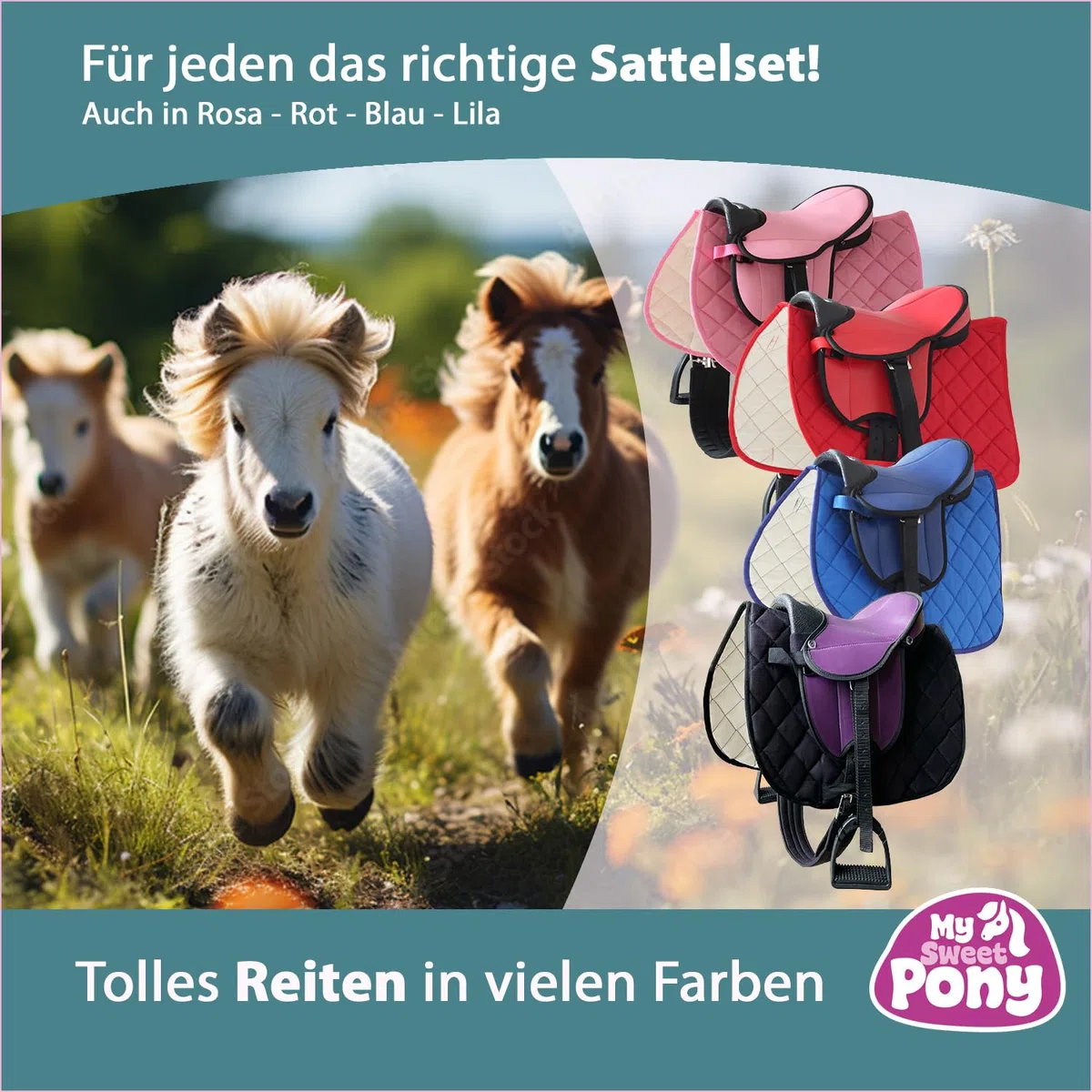 My Sweet Pony Kinder Shettysattel-Set Dream Flower Halfter Führstrick Sattel für Pony Shetty Holzpferd