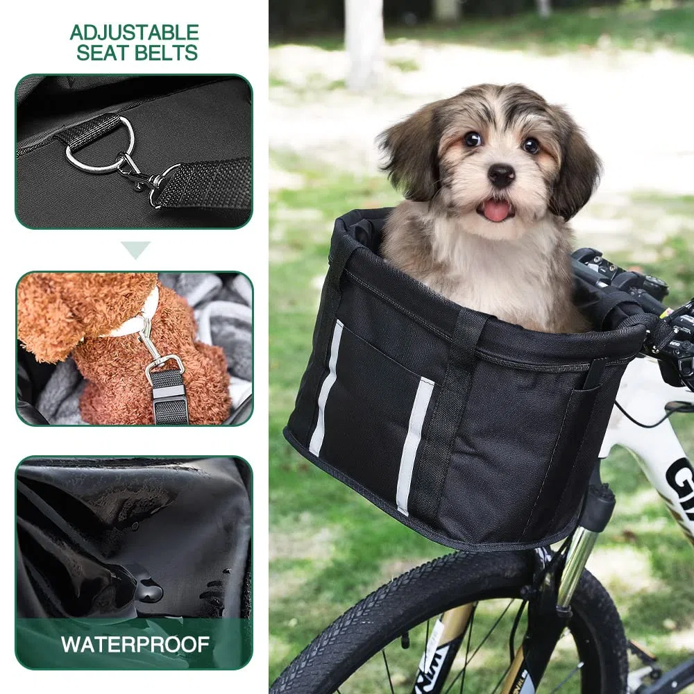 ANZOME Hunde Fahrradkorb, Hundekorb Fahrrad vorne, Abnehmbare Hundetasche für Kleiner Hund-Haustier-Einkaufen-Picknick, mit Lenkeradapter, Kabelbinder, Haustier Sicherheitsgurt, 33 x 22 x 25 cm