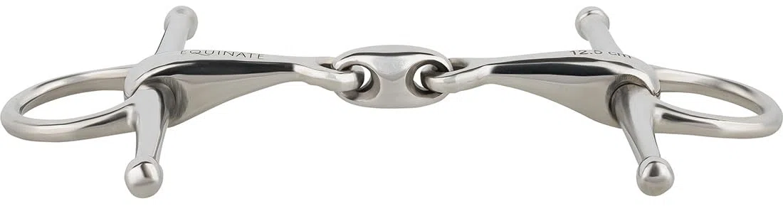 Equinate Schenkeltrense Edelstahl 16mm doppelt gebrochen | Anatomisch geformtes maulfreundliches Gebiss mit sanfter Einwirkung | Lasergravierte Größenangabe | Knebeltrense