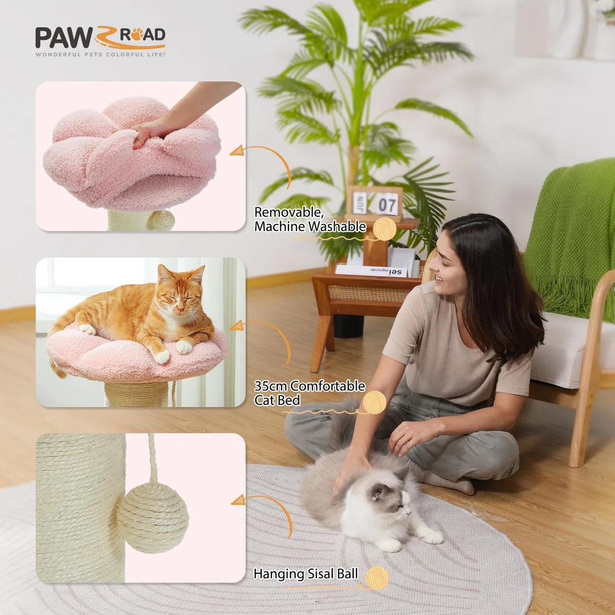PAWZ Road Flower Katzenkratzbaum - Kleiner Katzenbaum für Indoor-Katzen Mit Super Dickem Kratzbaum [Dia=14cm], Abnehmbares Blumen-Katzenbett, Federball - Rosa