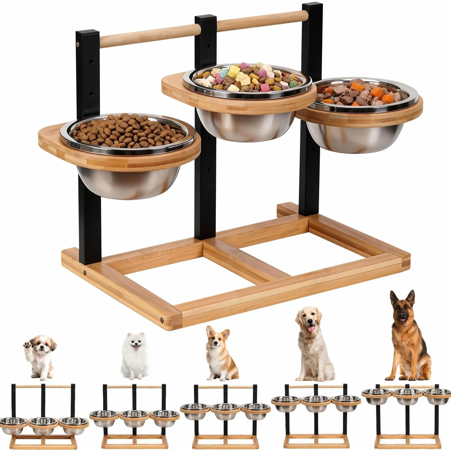 Erhöhter Futternapf für Hunde, 3 x 1400ml Edelstahlschüssel, 5 x Höhenverstellbar Hundenapf, Holz Erhöhte Hundenäpfe, Futterstation Hundenapfständer, 46x38x33cm