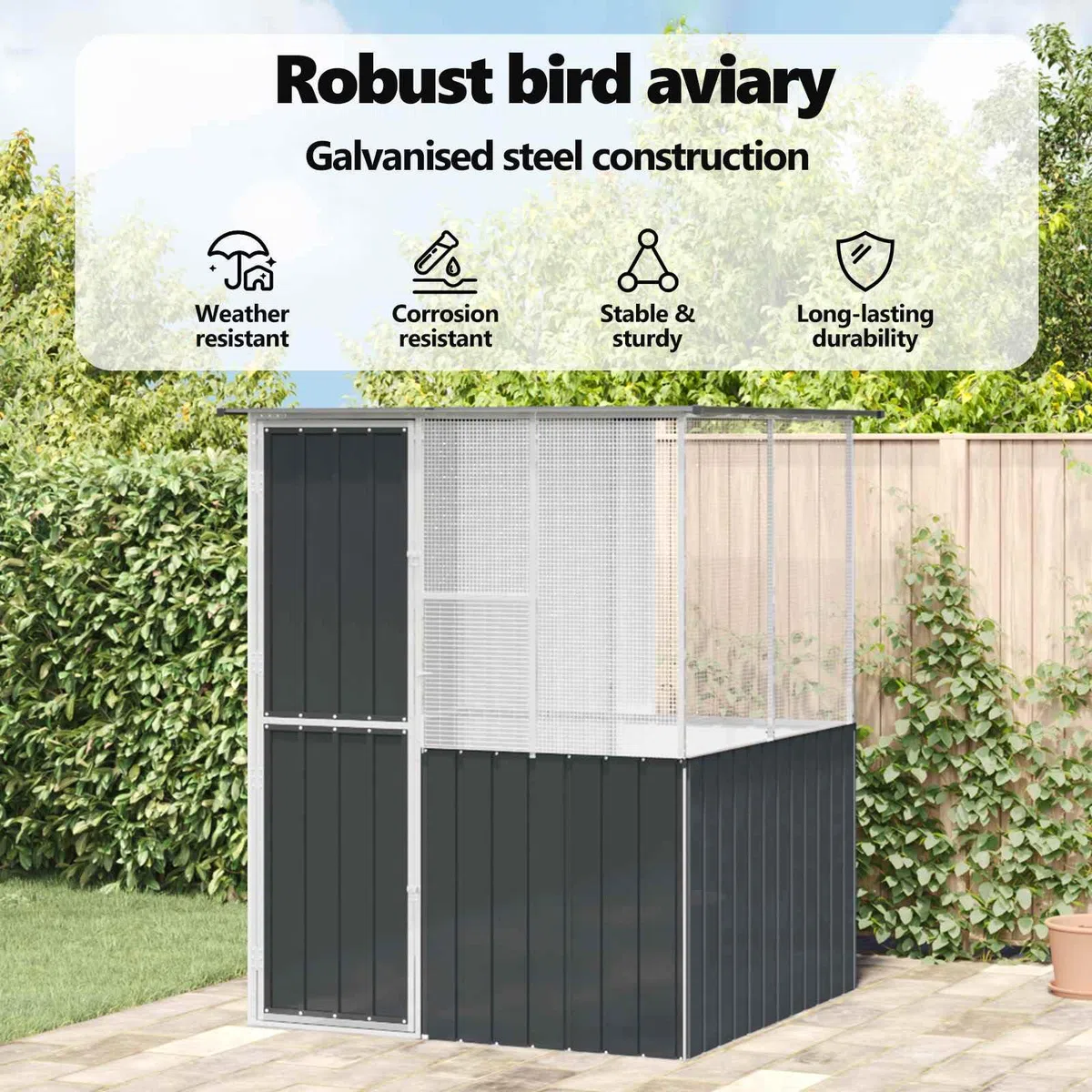 vidaXL Vogelkäfig Anthrazit 165 x 165 x 200 cm Verzinkter Stahl, Moderne Garten- und Terrassen-Vogelbauer, strapazierfähiger Außen-Aviary, stylisches Zuhause, sicheres Gehege