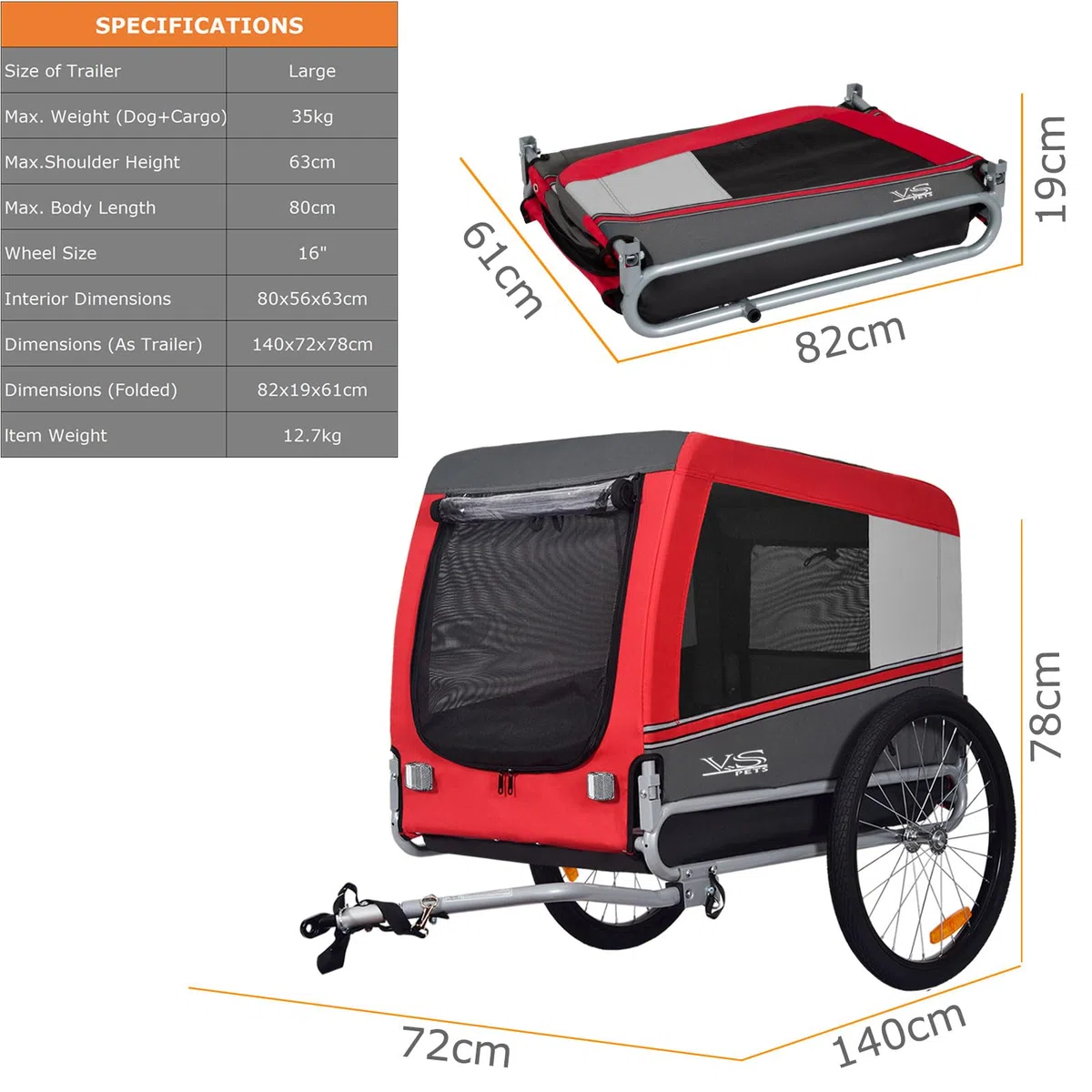 Tiggo VS Pets L Hundeanhänger groß Fahrradanhänger ca. 270L Volumen für mittelgroße und große Hunde bis 35 kg, Klappbar,80202