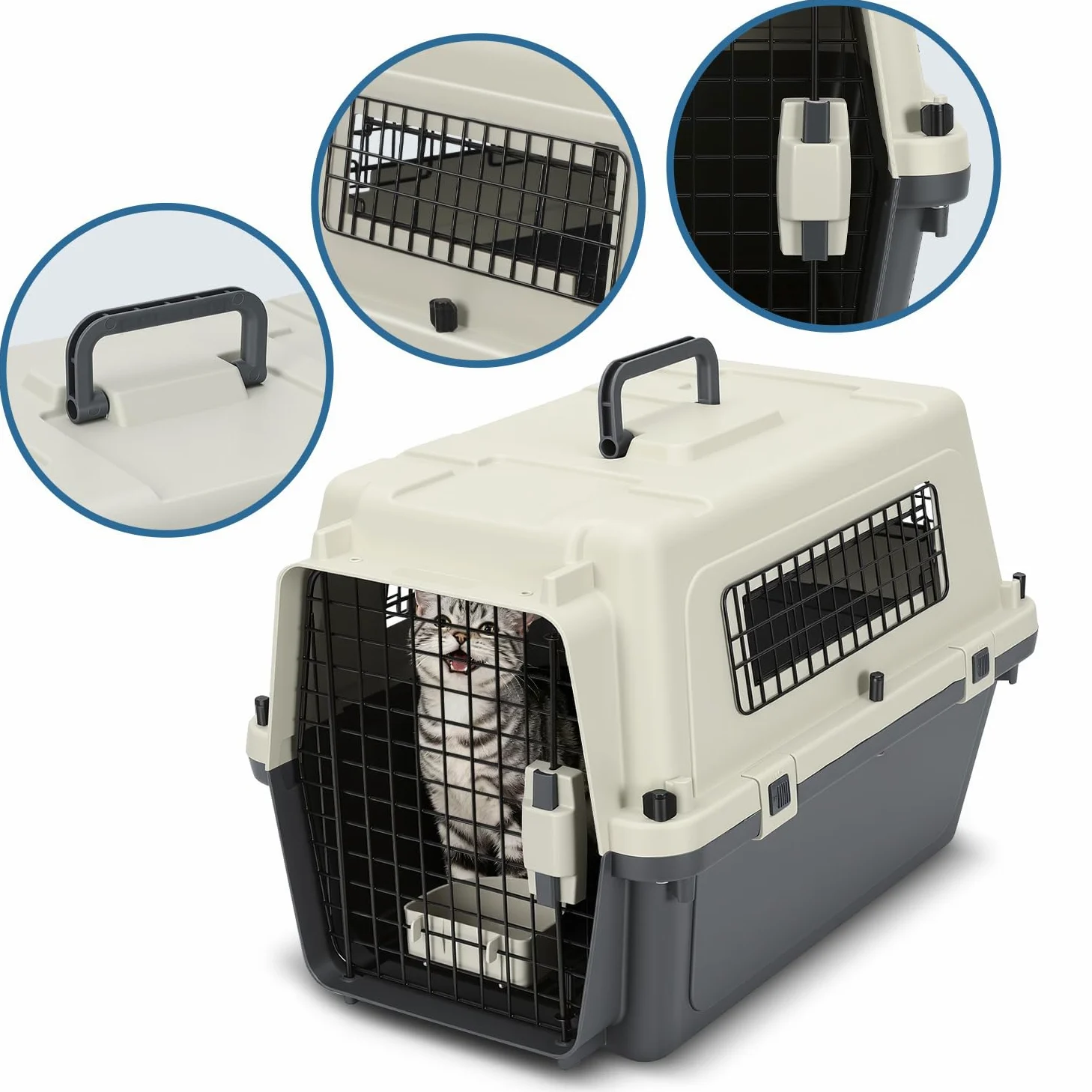 Pet Transportbox für Katzen, kleine Hunde & Nagetiere bis 10 kg, 60,4x42x39,8 cm, Leichte Hundetransportbox mit Metallgitter, Inkl. Grundausstattung
