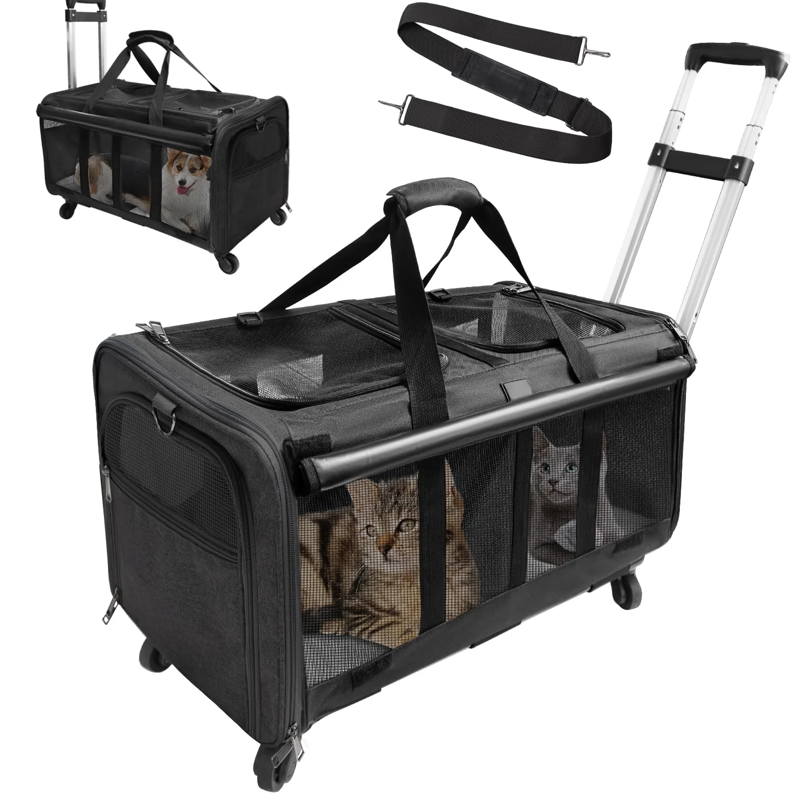 Transporttasche für Katze mit Rollen, faltbare Katzentransportbox für 2 Haustiere bis 15,9 kg, belüftet, für Reisen