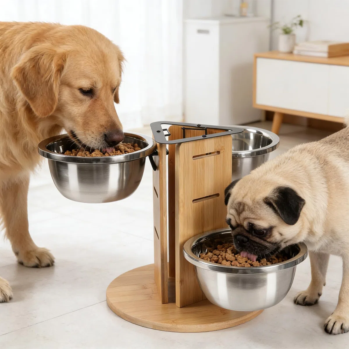 Hundenapf Erhöht für Hunde, 3 Höhenverstellbar Hundenäpfe mit 3X1400ml Edelstahlnäpfen und Holz Dreiseitige Erhöhte Hundenapfständer Futternapf Futterstation Hunde Fressnapf