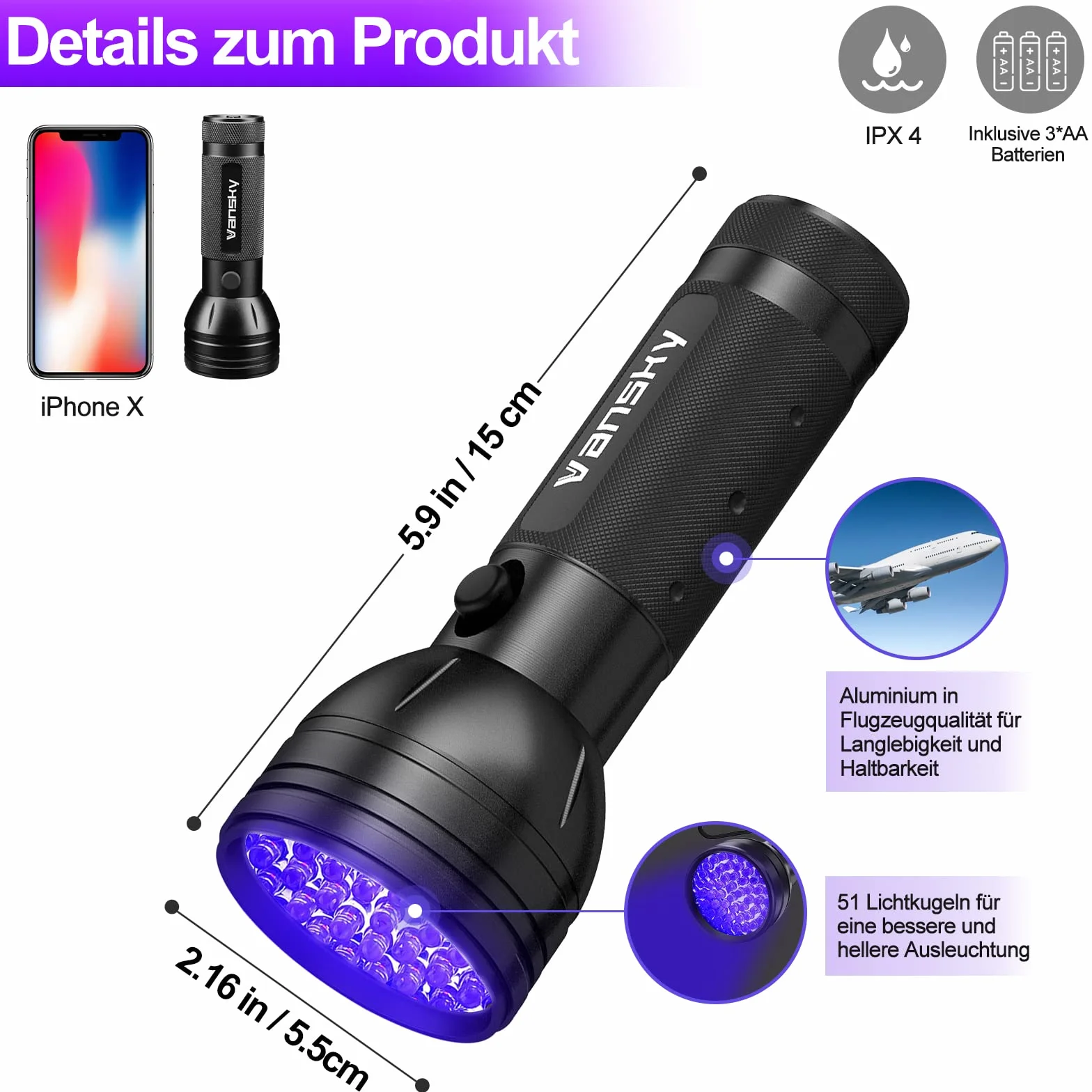 Vansky UV Schwarzlicht Taschenlampe: 395nm UV Lampe mit 51 LEDs als Urin-Detektor für Eingetrocknete Flecken Ihrer Hunde, Katzen und Nagetiere auf Teppichen Böden inkl. 3xAA-Batterien