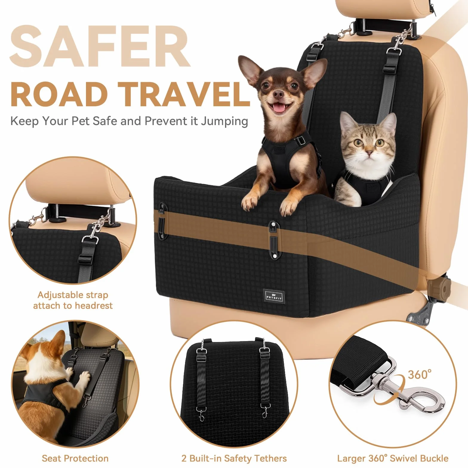 PETSFIT Hundesitz für Auto bis 15 kg – 13cm Memory Foam Booster, Sicherheitsgurt-System, abnehmbarer & waschbarer Bezug, Schwarz