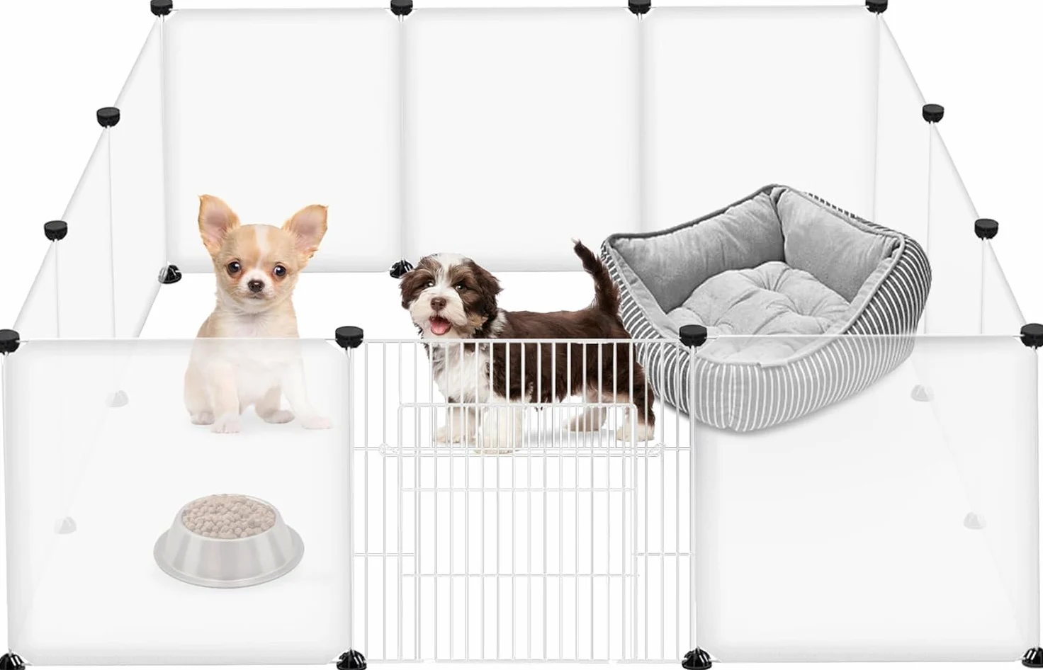 LILIIN Freigehege 12 Pcs Haustier Laufstall 145x75x48cm aus Kunststoff Gittergehege Meerschweinchen Gehege Freilaufgehege Kleintierkäfig Für Welpen Hamster Igel (Transluzentes Weiß Mit Tür)