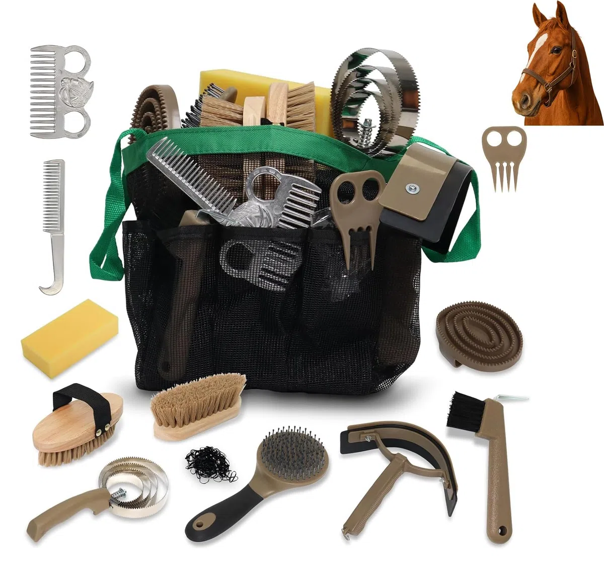 Pferdepflegeset 14-teiliges, Pferdebürsten-Set für die Pflege & das Baden mit Mähnen- & Schweifkamm, Currybürste, Hufkratzer, Handschuhe & Mesh-Tasche für die Pferdepflege